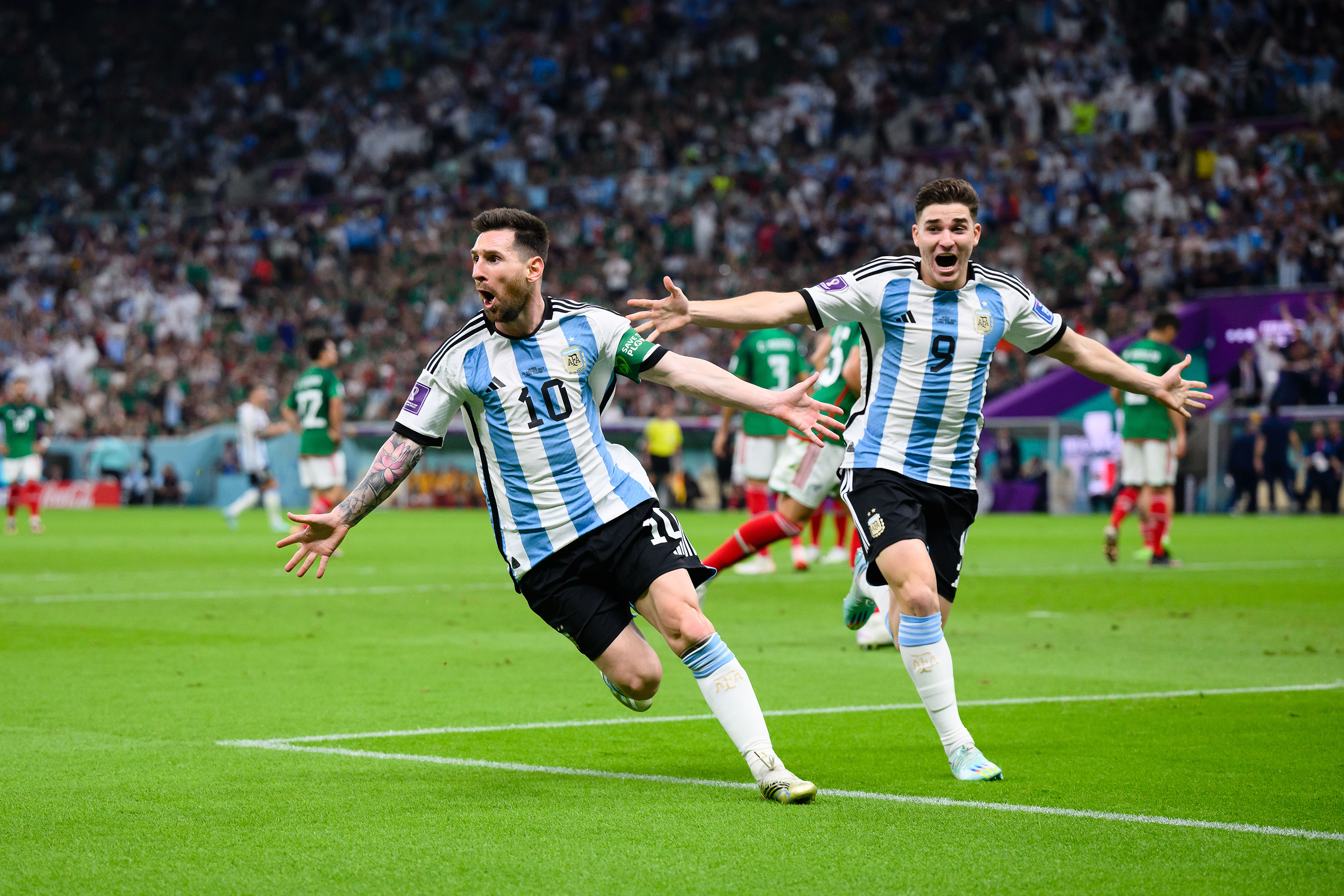 Argentina's #10 Lionel Messi celebrates scoring the opening goal during the Qatar 2022 World Cup Group C football match between Argentina and Mexico on Saturday.