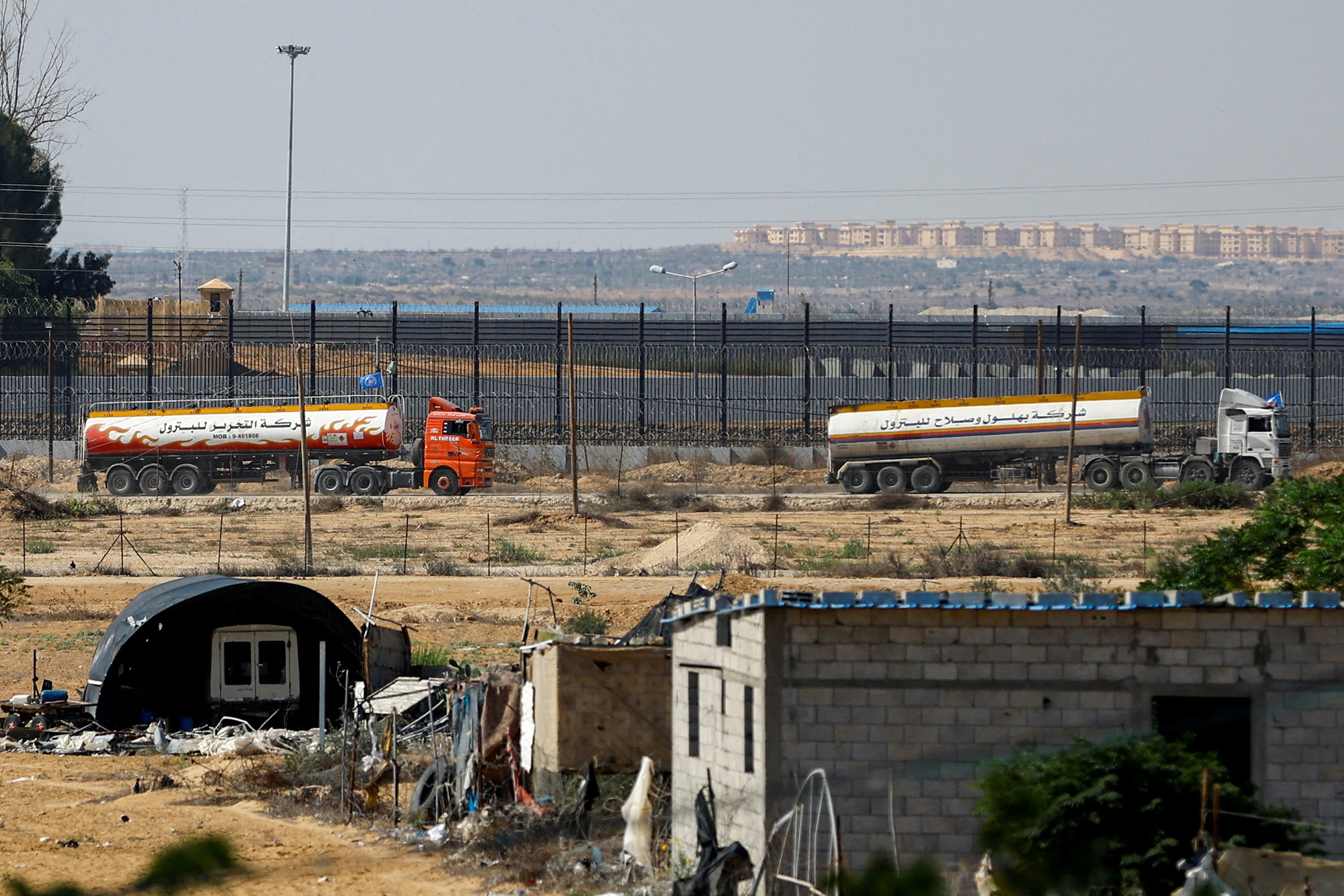 UN-flagged fuel trucks move towards the border crossing in Rafah in the southern Gaza Strip, on October 16.