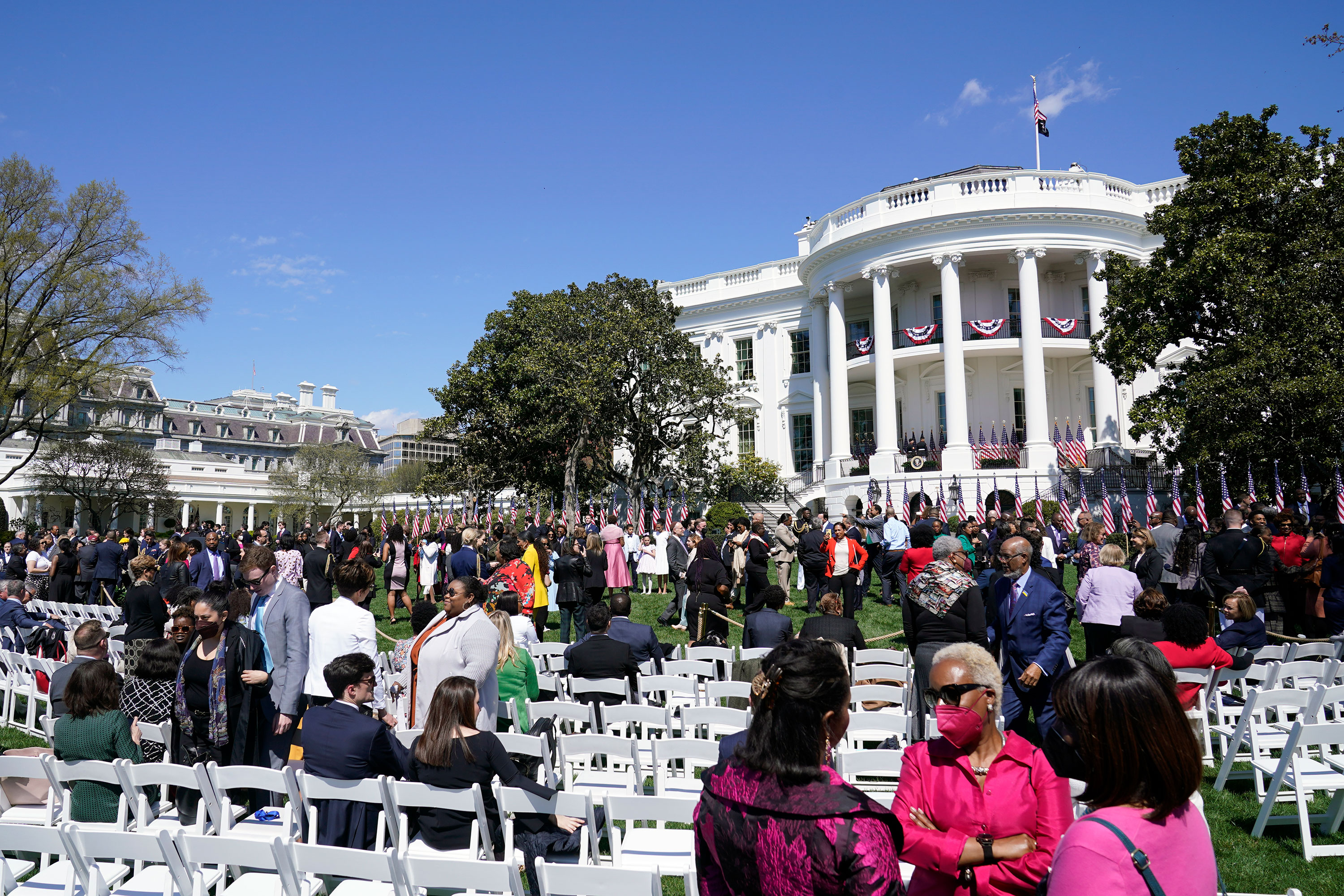 Guests begin to gather on the South Lawn of the White House where President Joe Biden, accompanied by Vice President Kamala Harris and Judge Ketanji Brown Jackson, will speak and celebrate the confirmation of Jackson as the first Black woman to reach the Supreme Court, Friday, April 8, 2022 in Washington. 