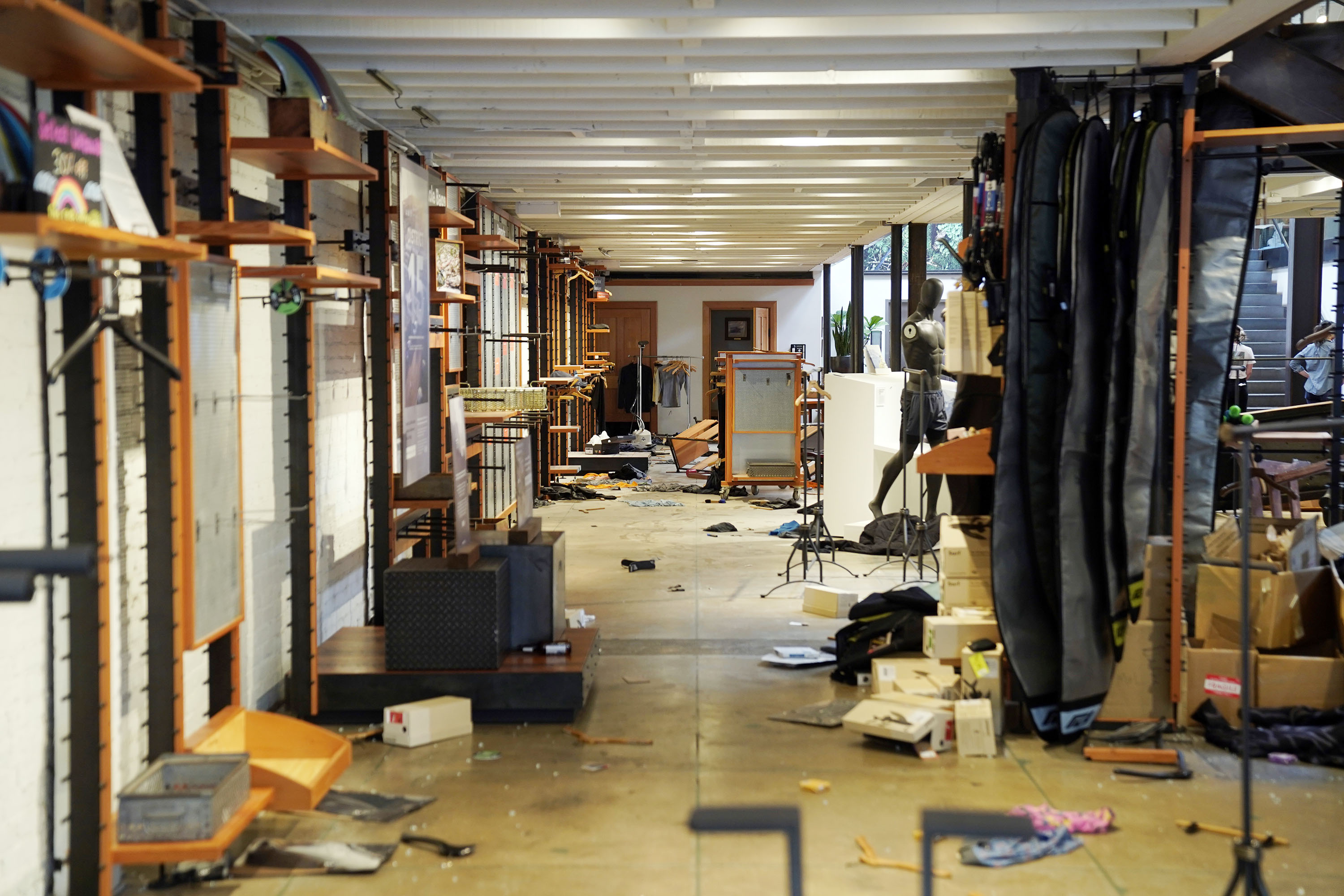 Widespread damage is seen in an outdoor clothing store after rioting and looting caused widespread damage in Santa Monica, California, on June 1. 