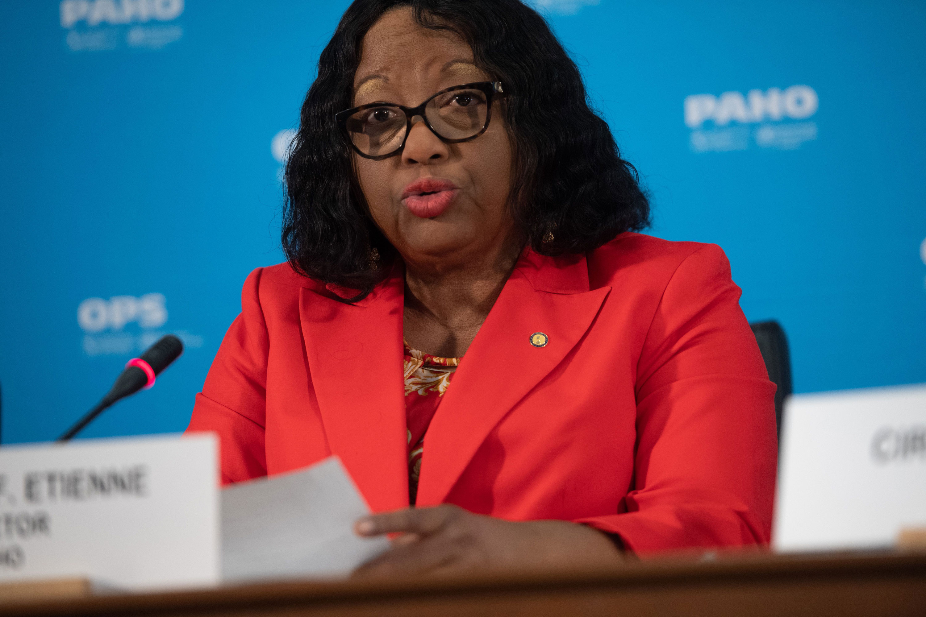 Dr. Carissa Etienne, director of the Pan American Health Organization, speaks about the coronavirus during a press briefing at PAHO Headquarters in Washington, DC, March 6.
