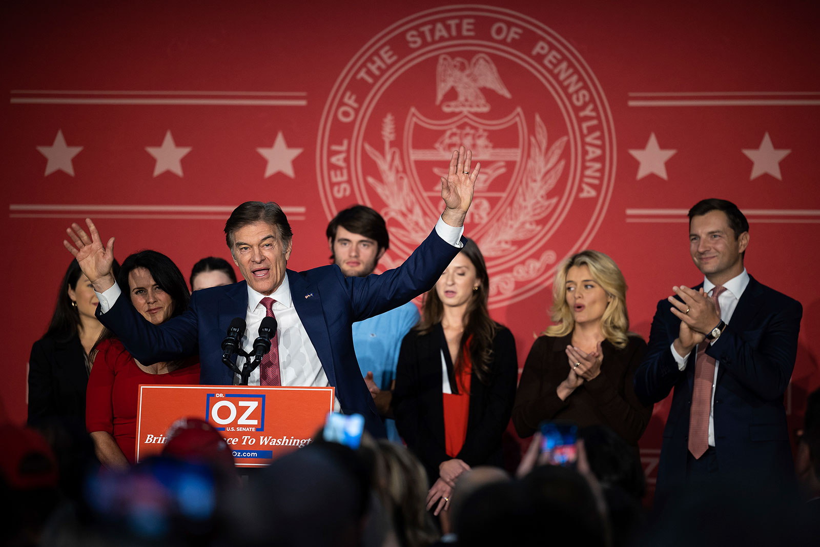 Mehmet Oz addresses supporters at his election night party in Newtown, Pennsylvania, on Tuesday.