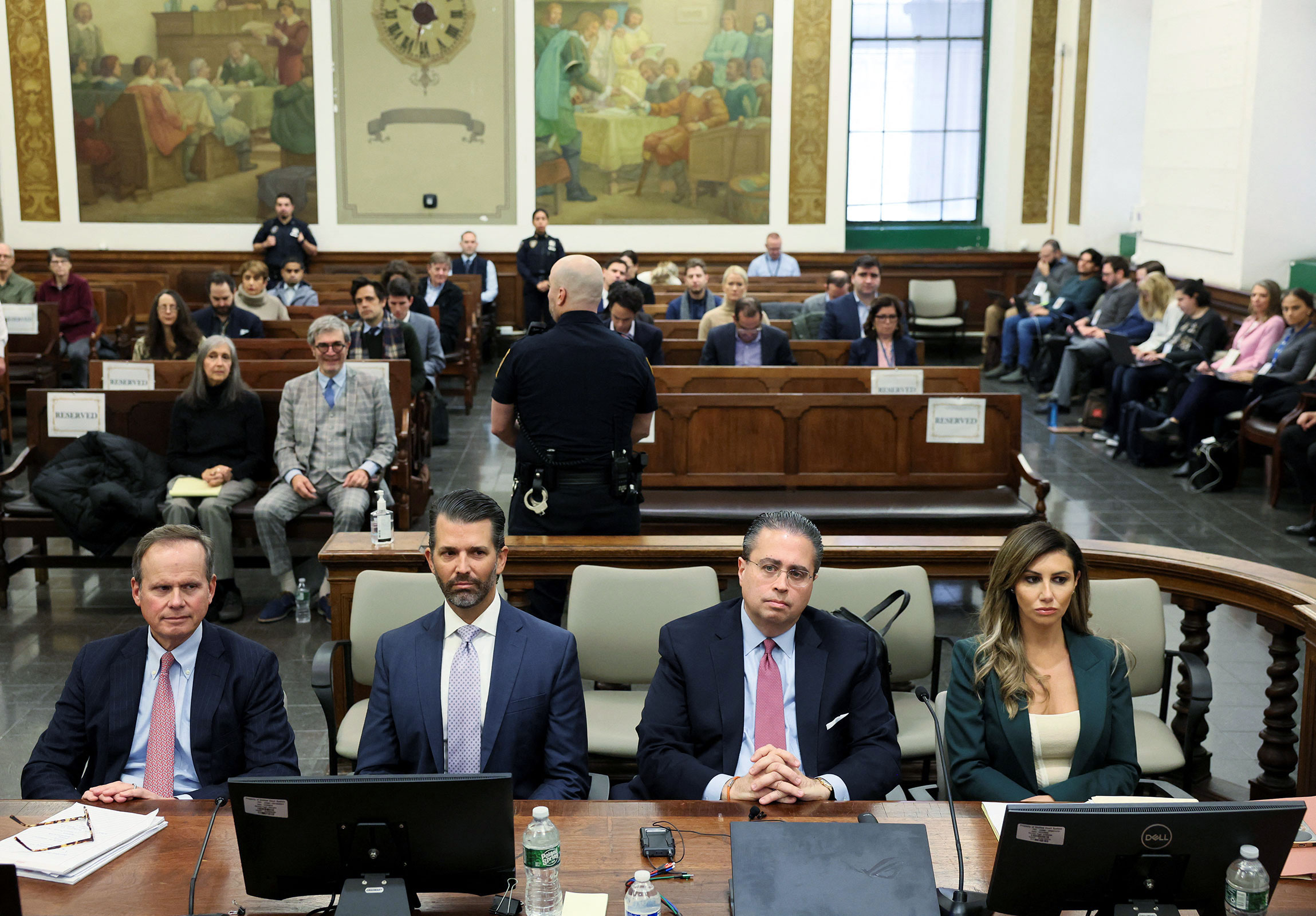 Donald Trump Jr. sits in the courtroom with his legal team before the continuation of his civil business fraud trial at New York Supreme Court on November 13 in New York. 