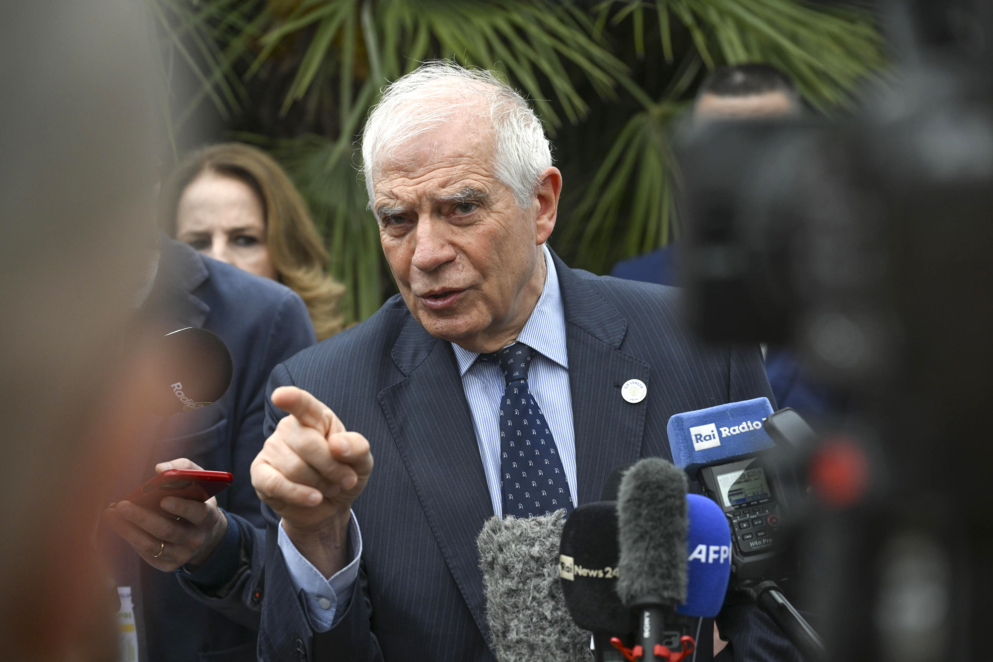 EU High Representative for Foreign Policy Josep Borrell speaks with journalists during the G7 Foreign Ministers' Meeting at Capri, Italy, on April 18.