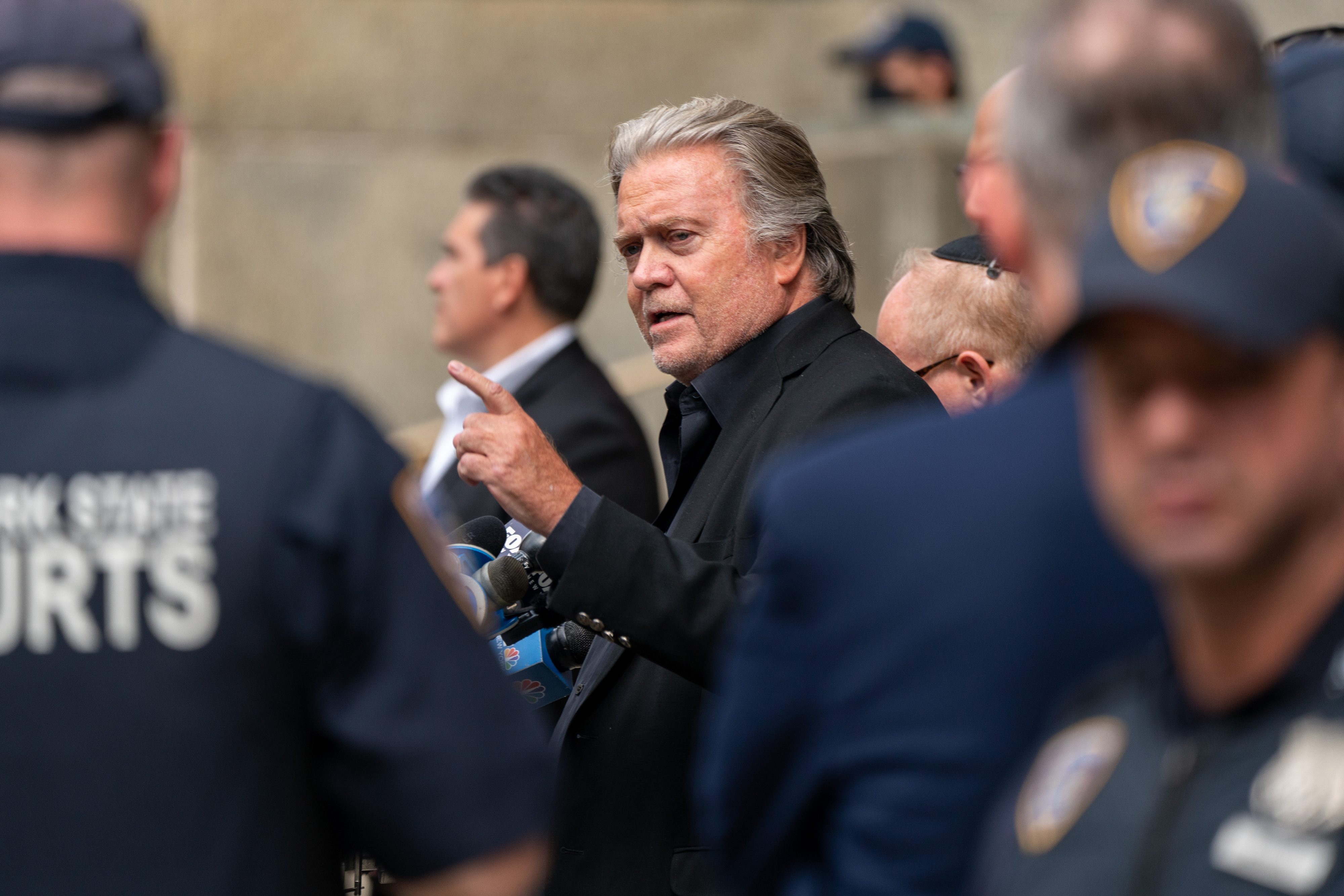 Steve Bannon speaks to the media on Sept. 8 when he pleaded not guilty to New York state charges of money laundering, conspiracy and fraud related to an alleged online scheme to raise money for the construction of a wall along the southern US border.