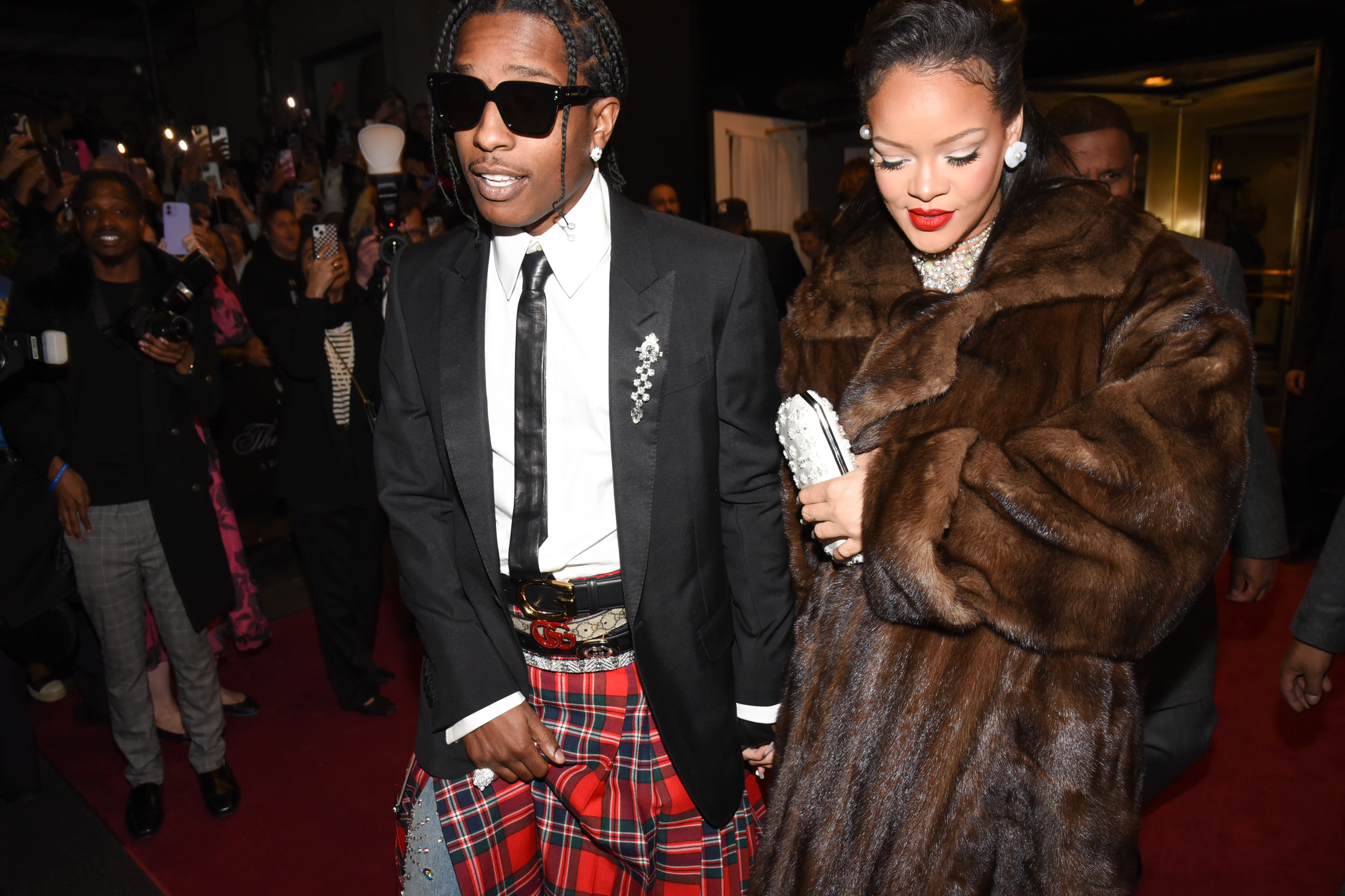 A$AP Rocky and Rihanna at The Carlyle Hotel before the 2023 Met Gala: Karl Lagerfeld: A Line of Beauty on May 1, in New York City.