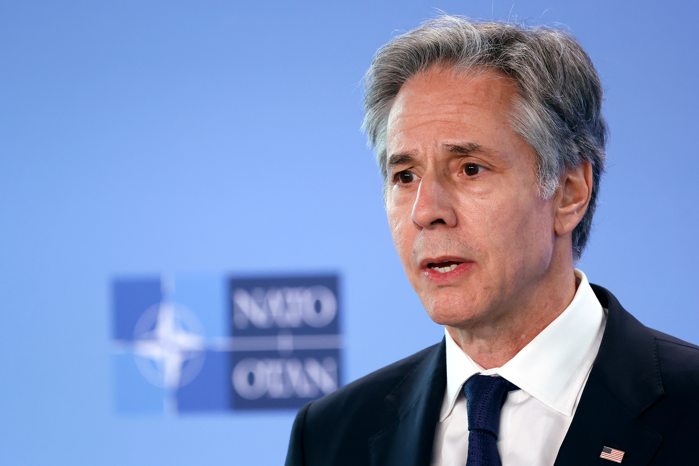 United States Secretary of State Antony Blinken addresses the media during a meeting of NATO foreign ministers at NATO headquarters in Brussels on Wednesday, April 3.