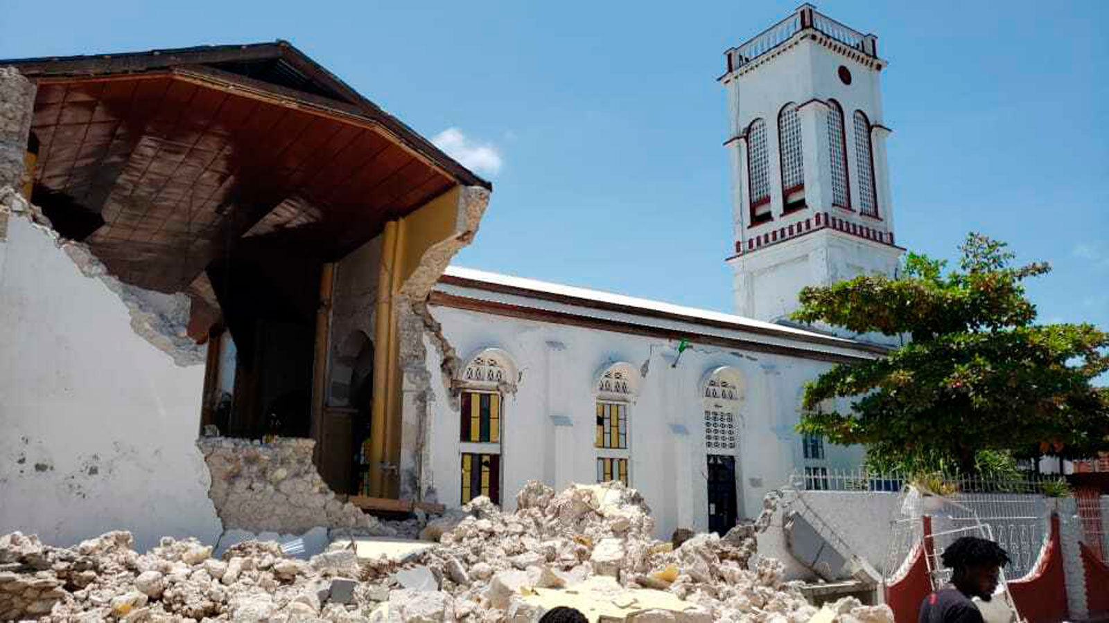 Sacred Heart church is damaged after an earthquake in Les Cayes, Haiti, on August 14, 2021.