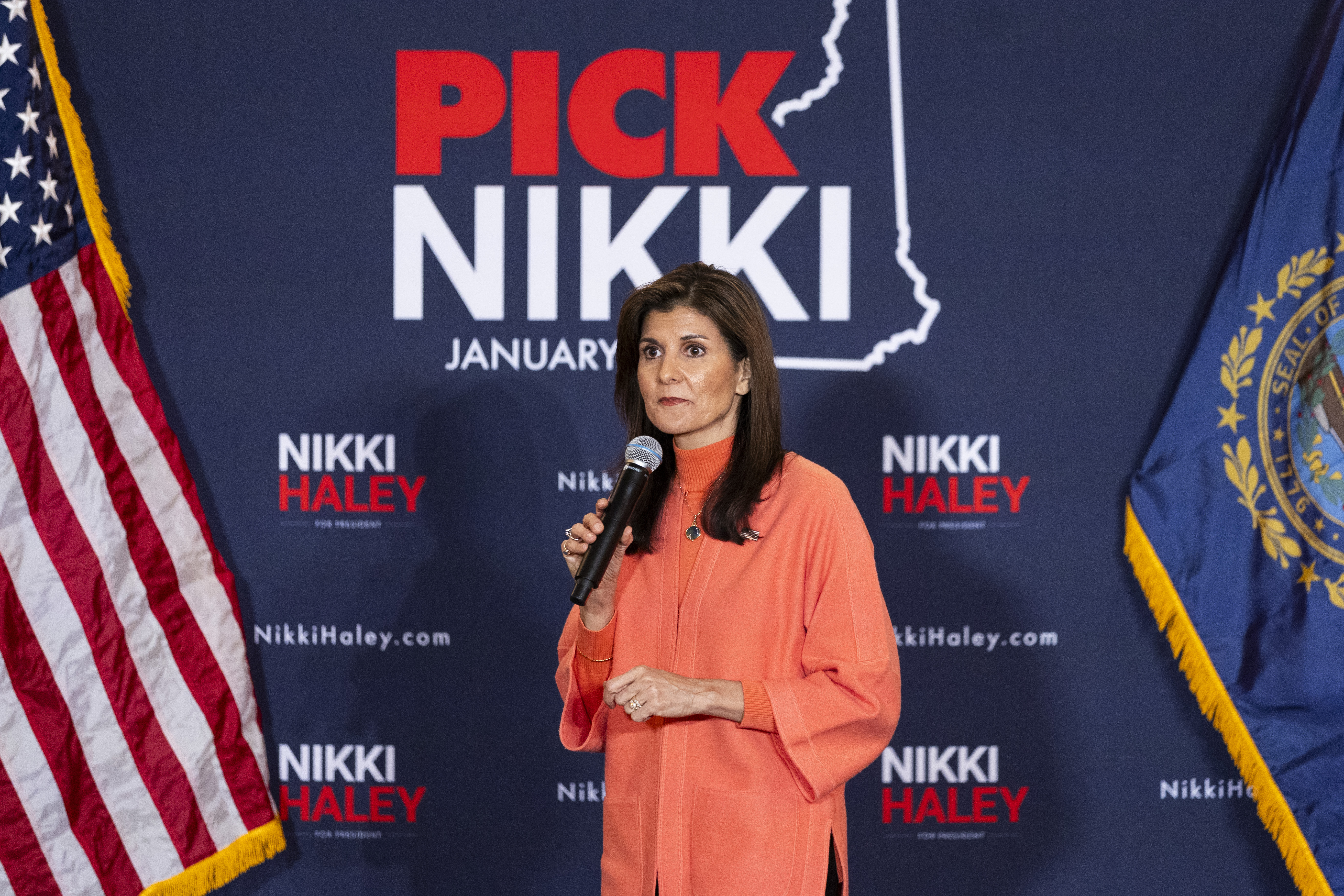 Former South Carolina Gov. Nikki Haley holds a campaign event in Bretton Woods, New Hampshire, on January 16.