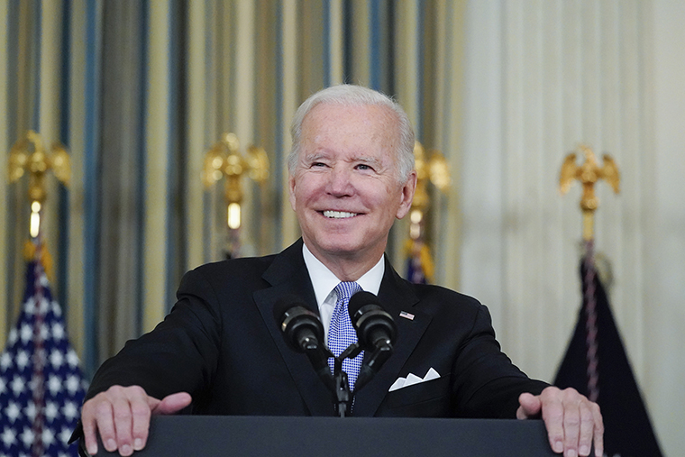 President Joe Biden speaks about the bipartisan infrastructure bill at the White House, Saturday, Nov. 6, 2021.