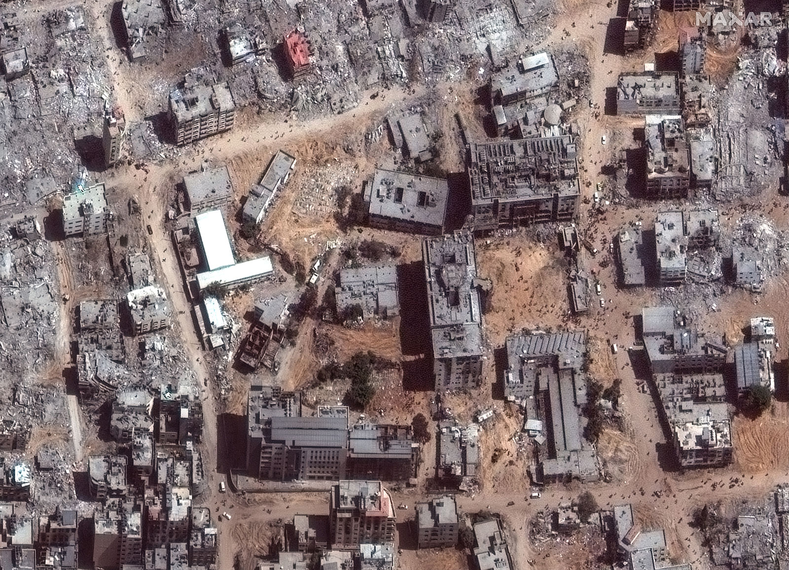 A satellite image taken on Monday shows the damage to the area around the Al-Shifa Hospital complex in Gaza City. 