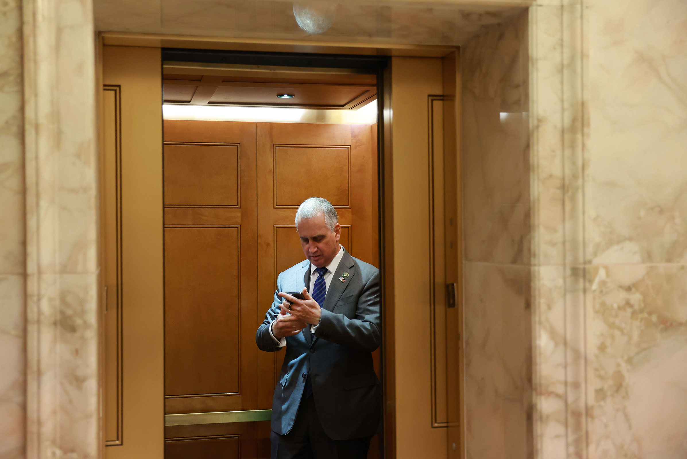 Rep. Mario Díaz-Balart boards an elevator after the House of Representatives failed to elect a new Speaker of the House on the first round of votes at the U.S. Capitol Building on October 17, 2023 in Washington, DC. 