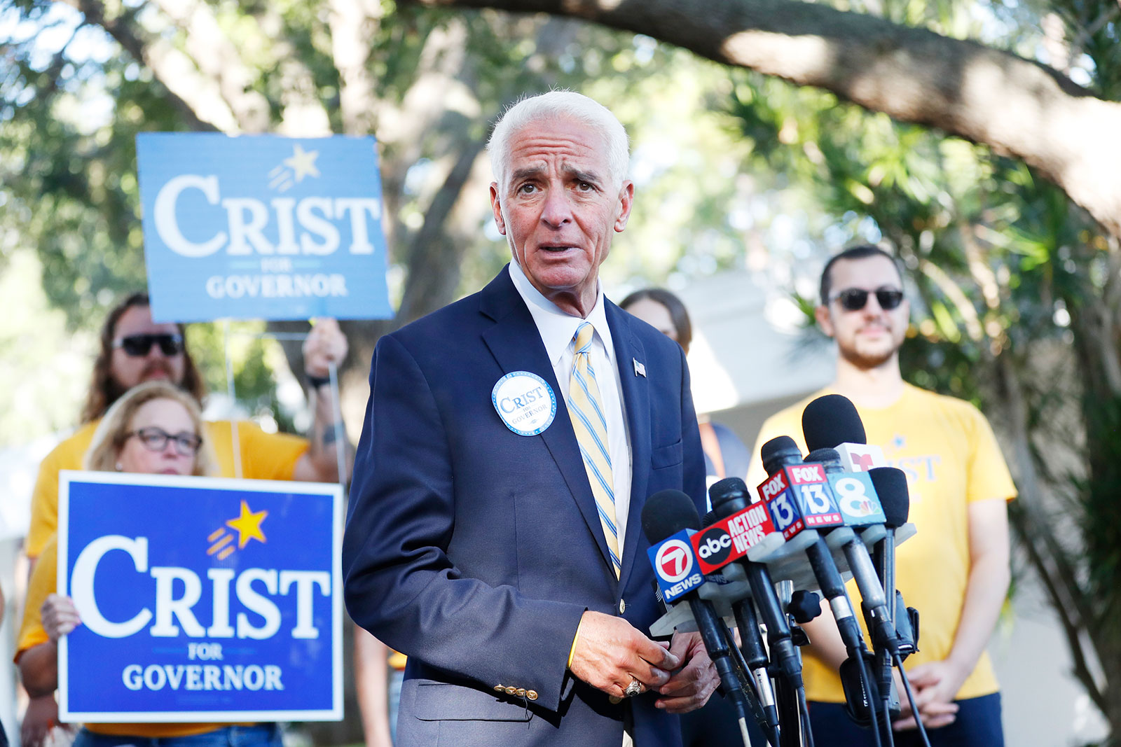 Florida gubernatorial candidate Rep. Charlie Crist speaks to the media before casting his vote in St. Petersburg, Florida, on Tuesday.