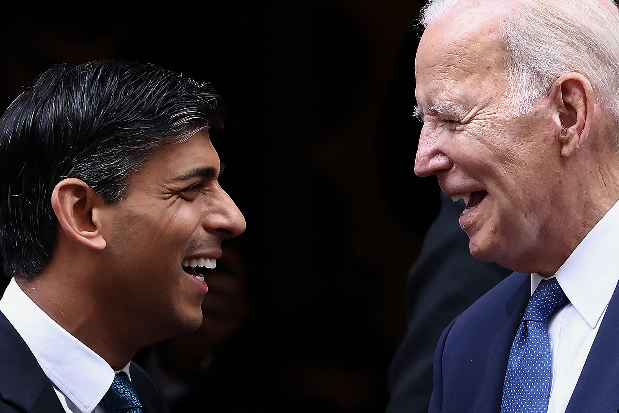 US President Joe Biden, right, talks with Britain's Prime Minister Rishi Sunak as he leaves from 10 Downing Street in London, England, on July 10.