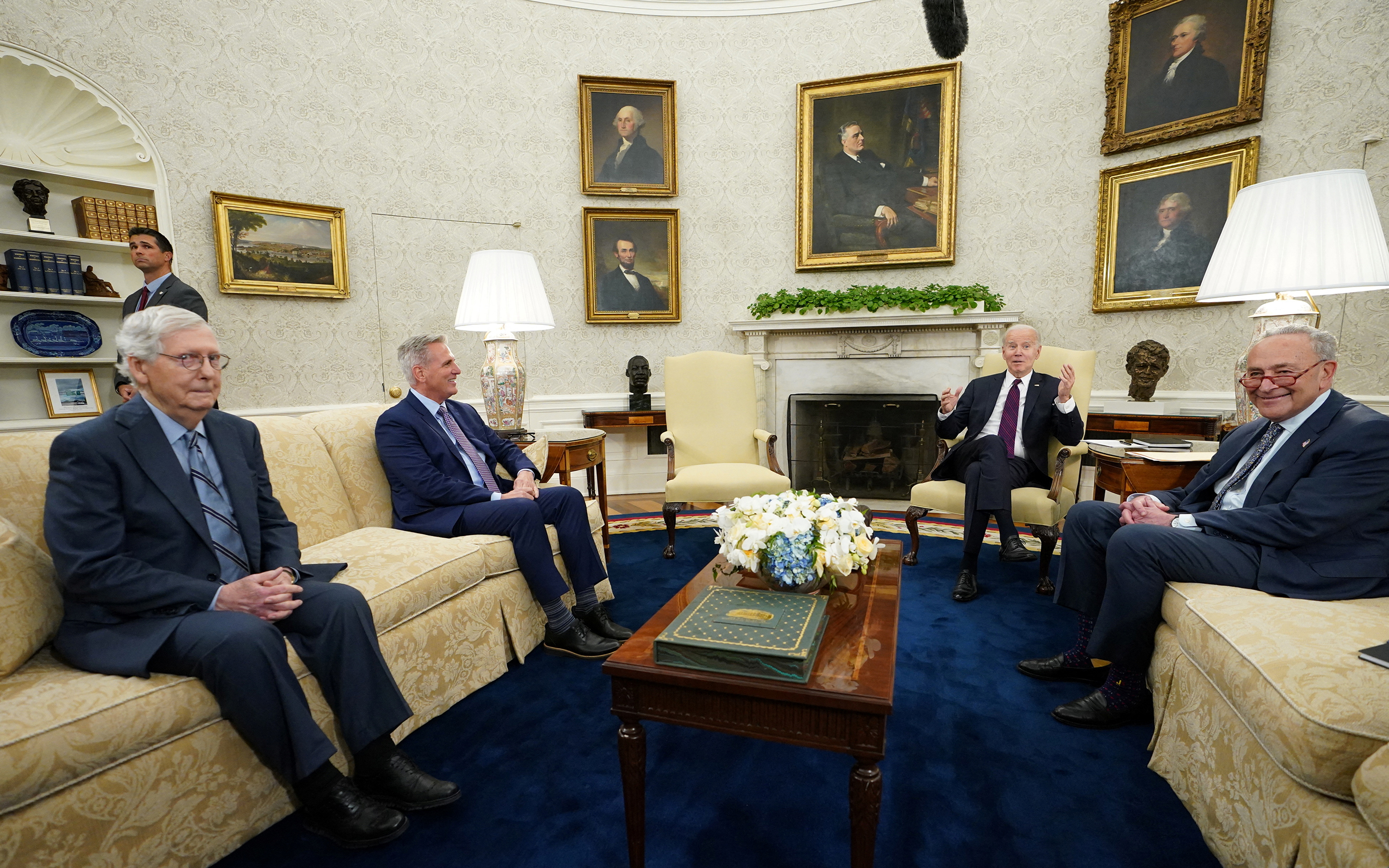 President Joe Biden hosts debt limit talks with House Speaker Kevin McCarthy (R-CA), Senate Minority Leader Mitch McConnell (R-KY) and Senate Majority Leader Chuck Schumer (D-NY) in the Oval Office at the White House in Washington, on May 9.