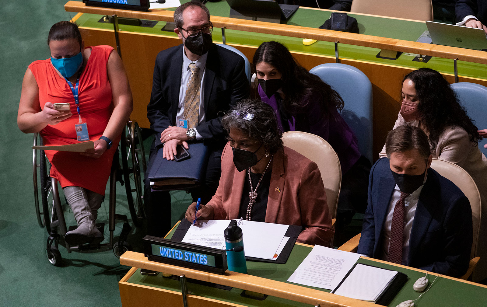 Linda Thomas-Greenfield, the US ambassador to the United Nations, center, sits with her delegation during a meeting of the United Nations General Assembly on April 7 at United Nations headquarters in New York. 