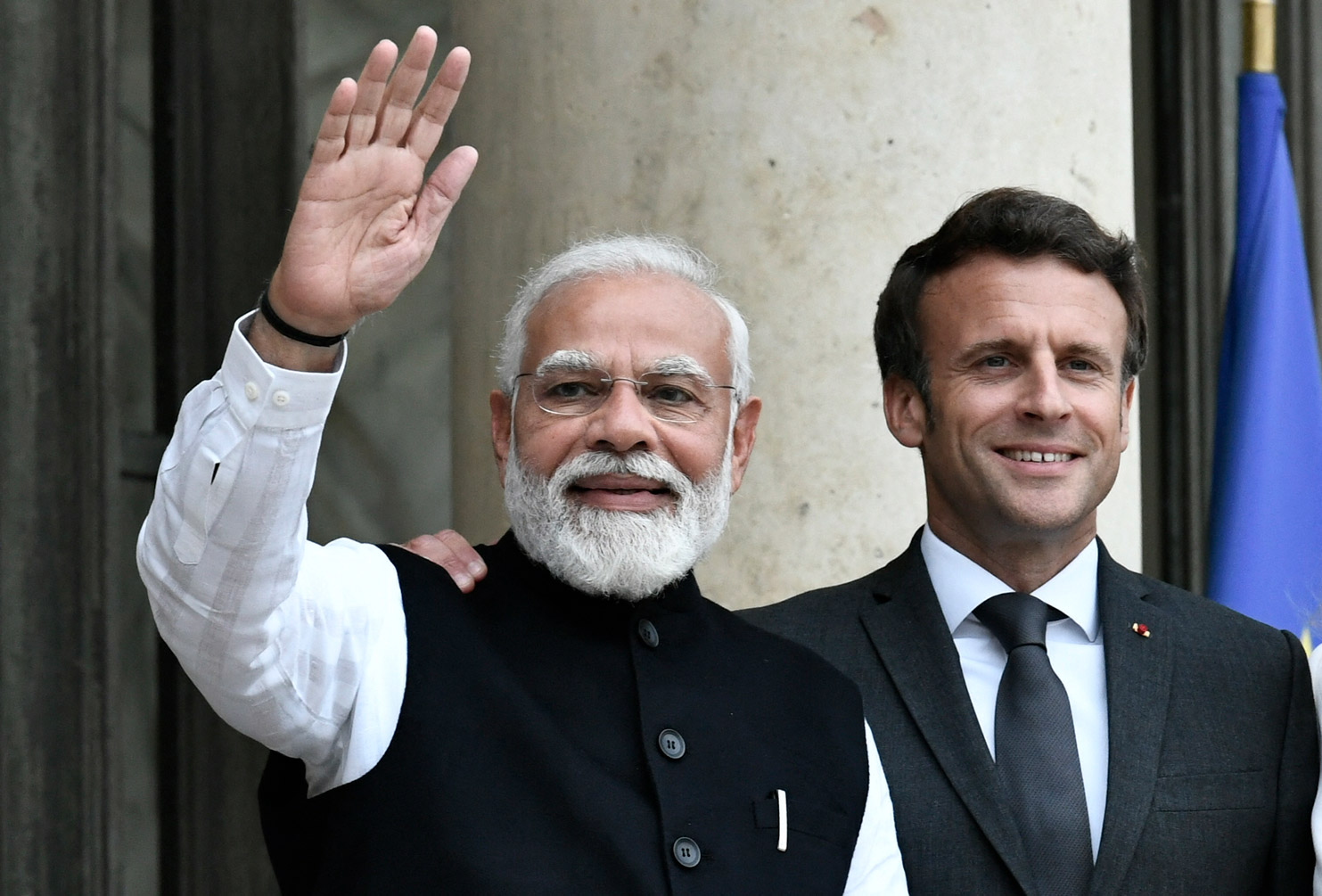 French President Emmanuel Macron welcomes Indian Prime Minister Narendra Modi at the Elysee Palace in Paris, France on May 4.