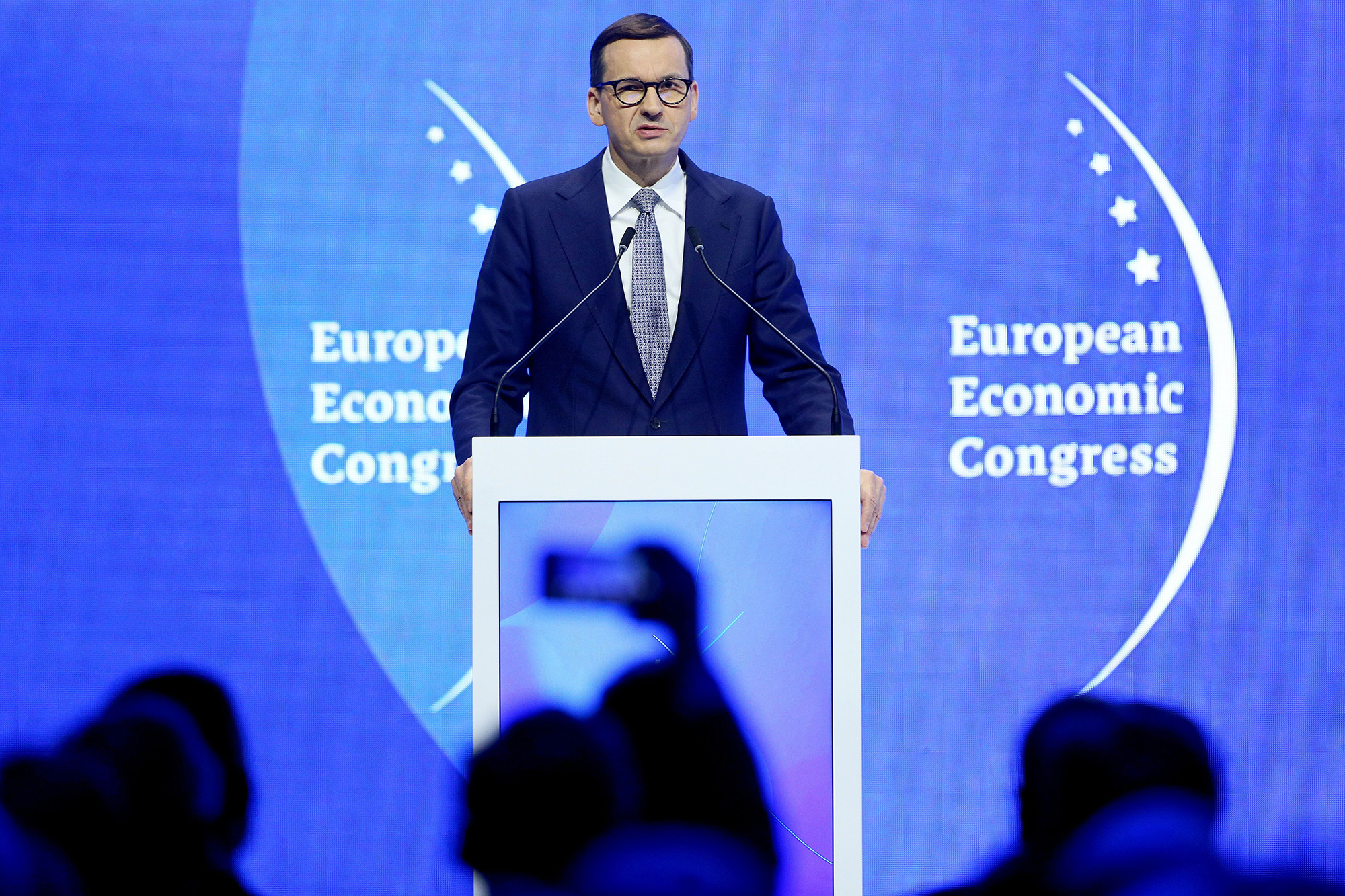 Polish Prime Minister Mateusz Morawiecki speaks during the inauguration of the XIV European Economic Congress at the International Congress Center in Katowice, Poland, on April 25.