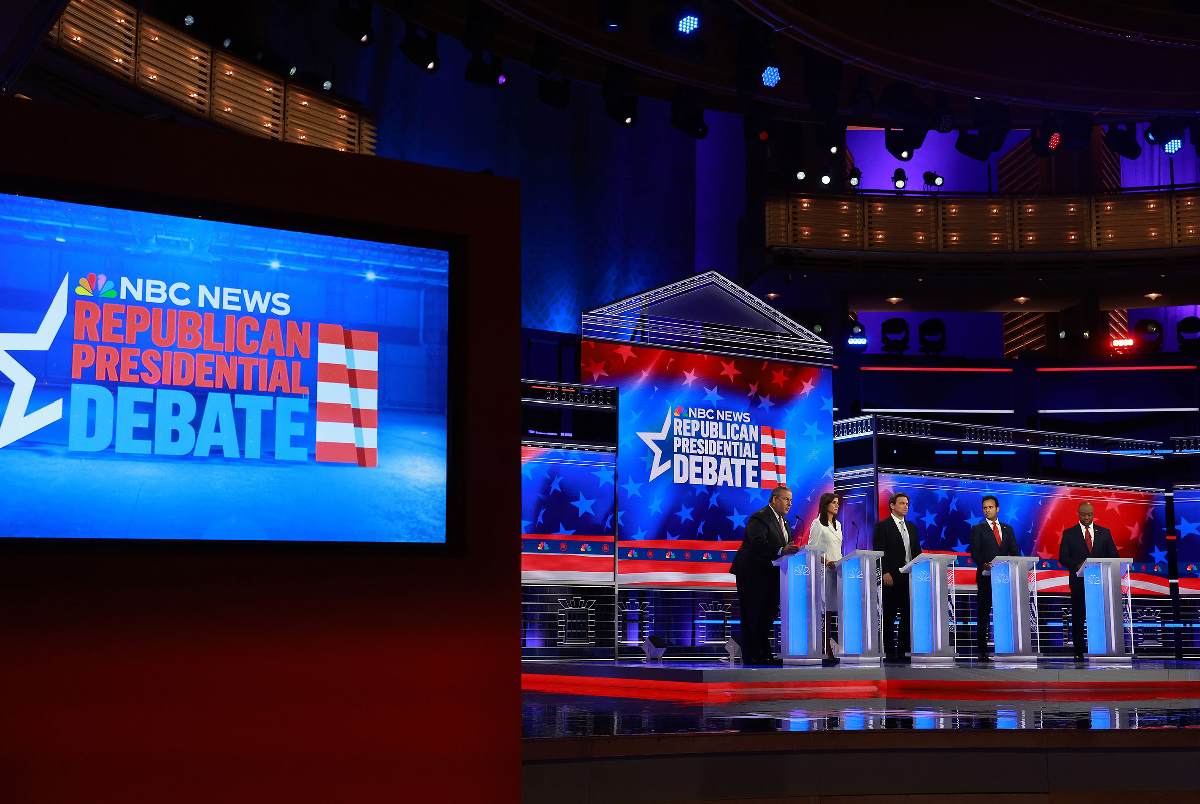 Republican presidential candidates participate in the NBC News Republican Presidential Primary Debate at the Adrienne Arsht Center for the Performing Arts of Miami-Dade County on November 8, 2023 in Miami.