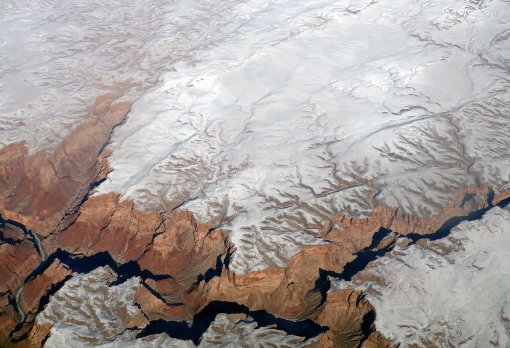 An aerial picture taken on Jan. 3, 2019, shows the Grand Canyon covered with snow in Arizona. (DANIEL SLIM/AFP/Getty Images)