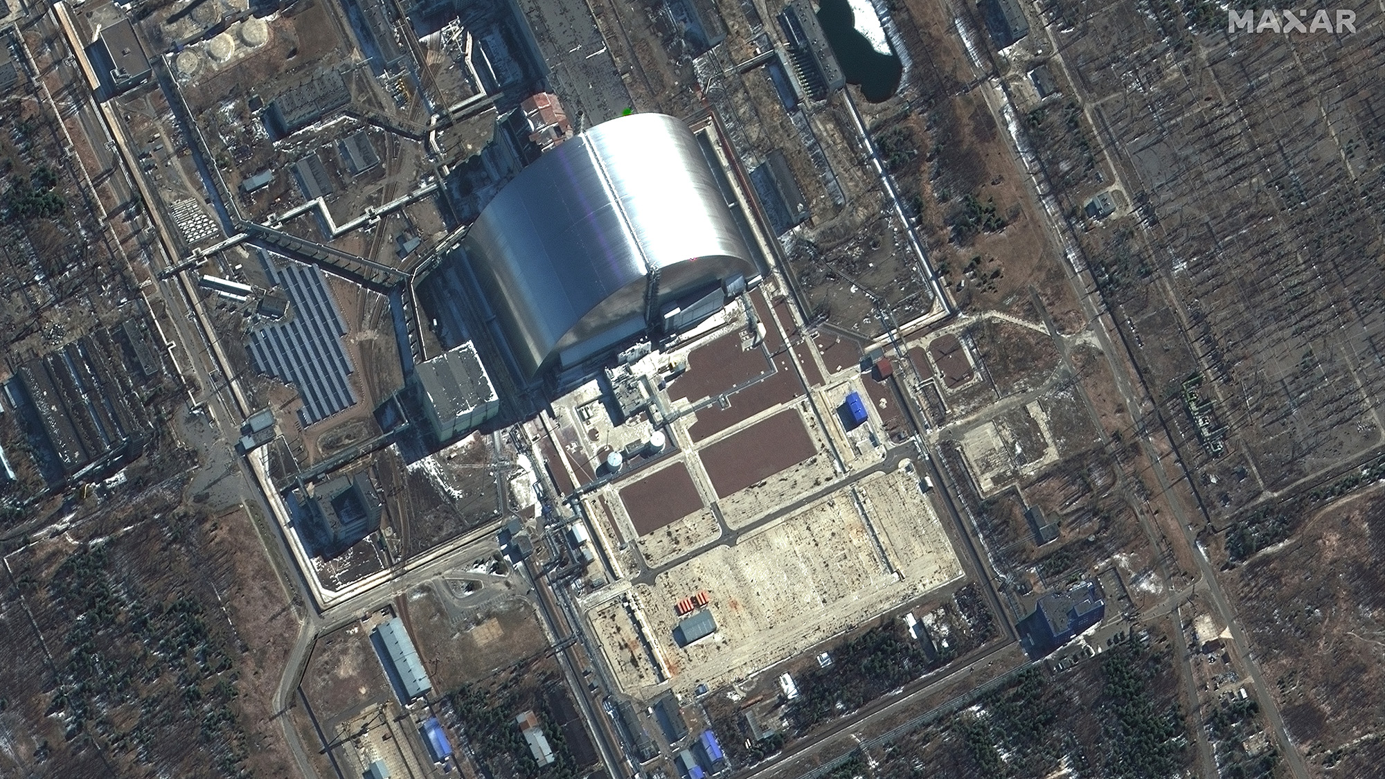 A Maxar satellite image shows the Chernobyl Nuclear Power Plant in Ukraine on March 22. 