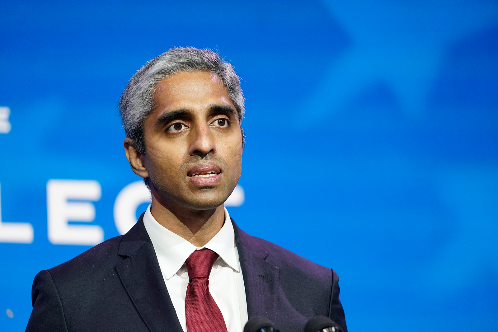 Dr. Vivek Murthy speaks during an event at The Queen Theater in Wilmington, Delaware, on December 8, 2020.