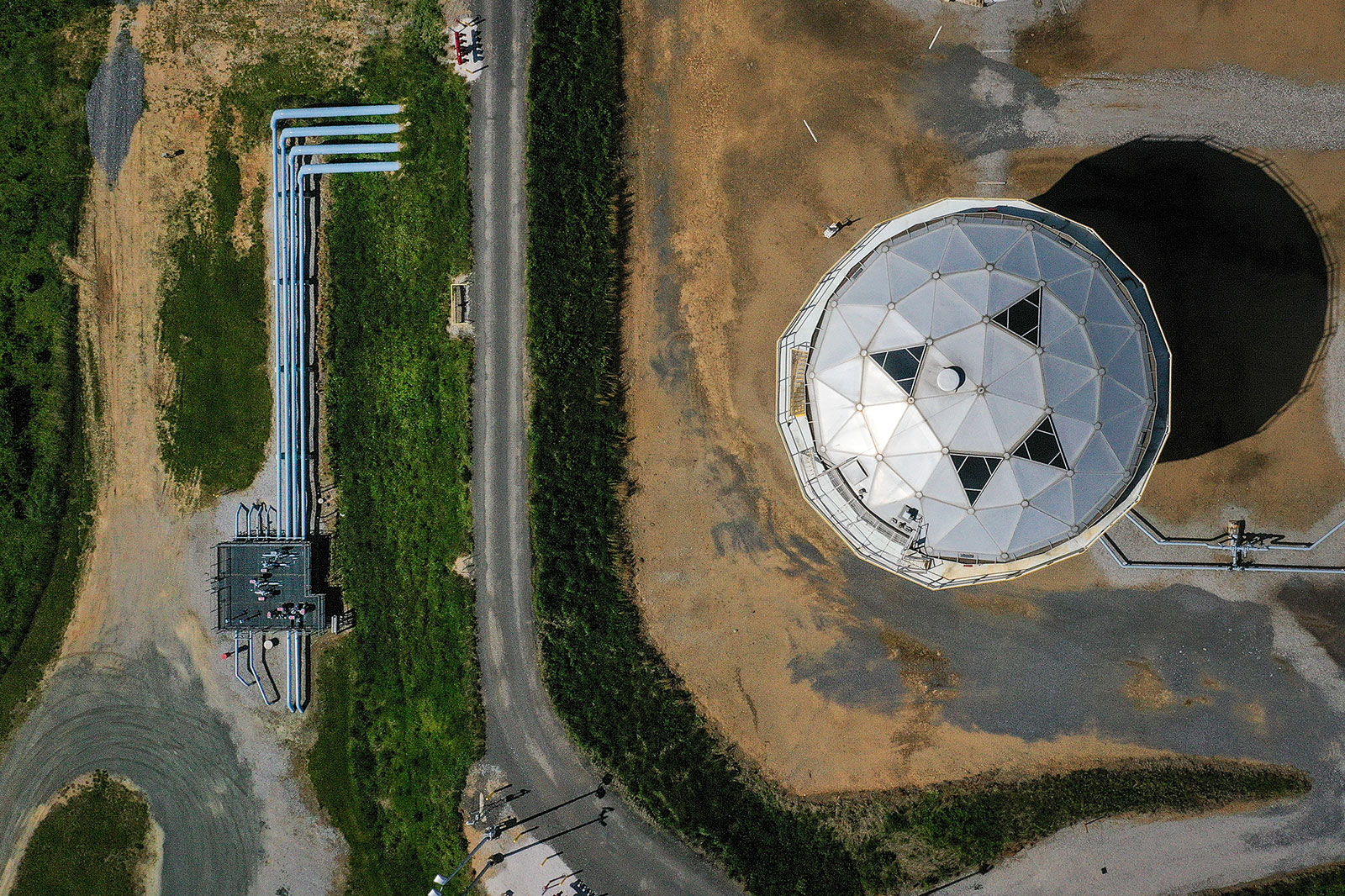 An aerial view of fuel holding tanks at Colonial Pipeline's Dorsey Junction Station in Woodbine, Maryland, on May 13.