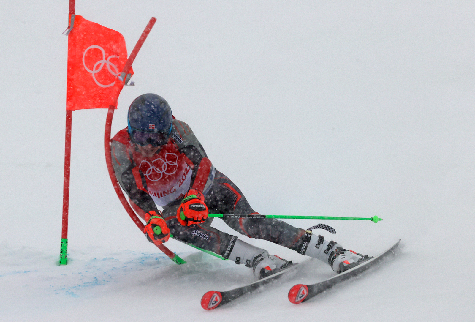 Henrik Kristoffersen of Norway passes a gate during the first run of the men's giant slalom on February 13.