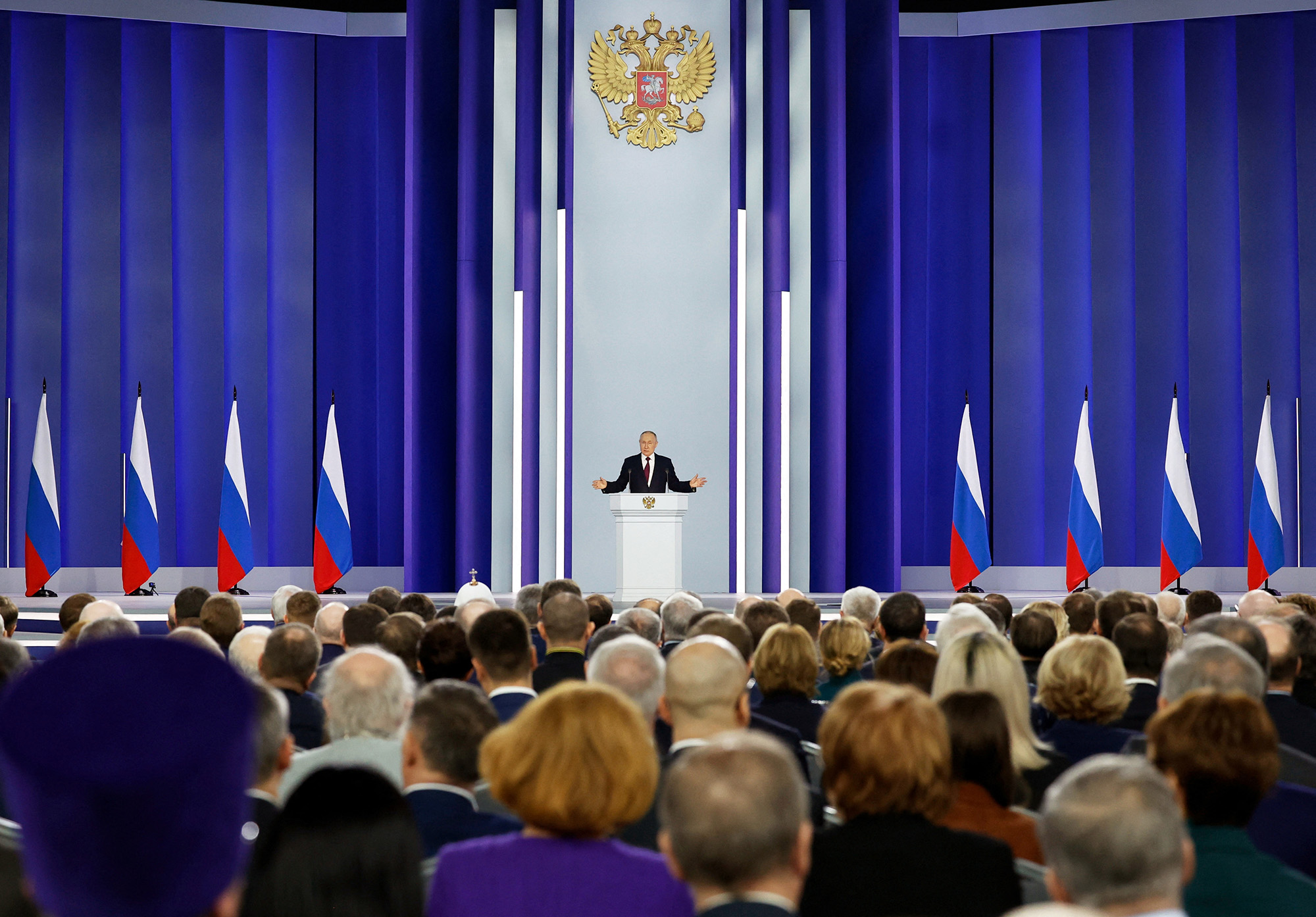Russian President Vladimir Putin delivers his annual address to the Federal Assembly in Moscow, Russia, on February 21.