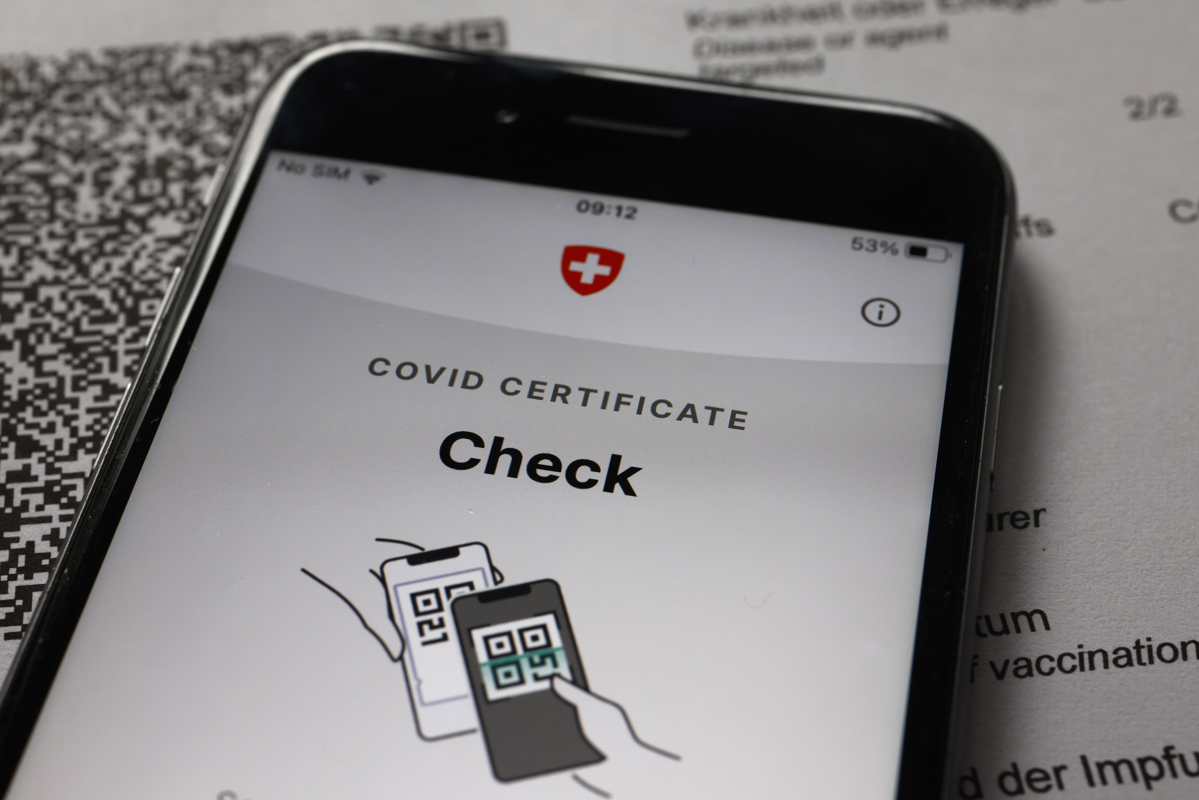 The Covid Certificate Check vaccination checking app on an Apple Inc. iPhone arranged in Bern, Switzerland, on Thursday, Sept. 16, 2021.