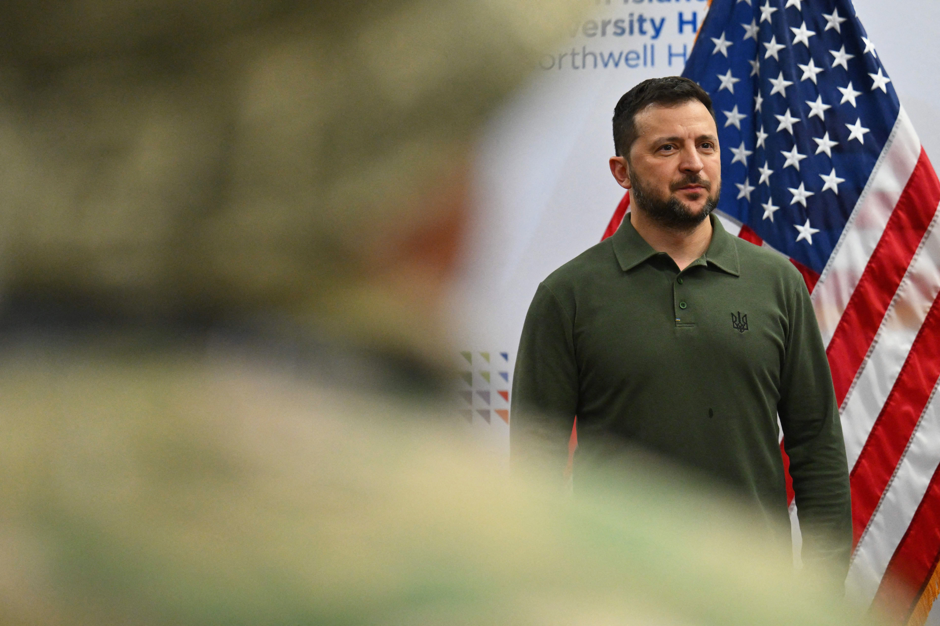 Volodymyr Zelensky speaks while visiting with wounded Ukrainian soldiers at the Staten Island University Hospital, in New York City, on September 18.