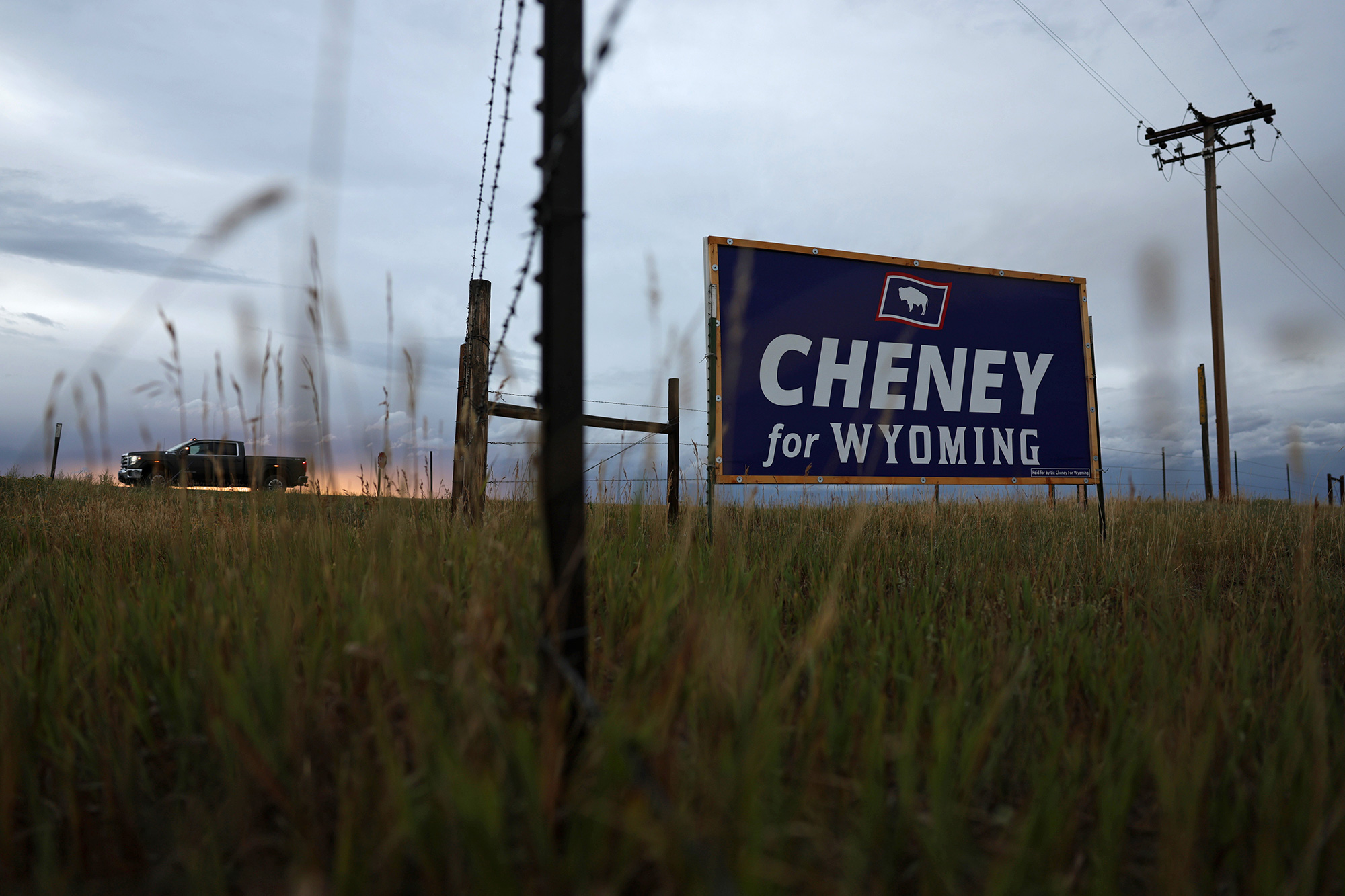 A campaign sign for Rep. Liz Cheney is posted in Laramie, Wyoming, on Aug. 14. 