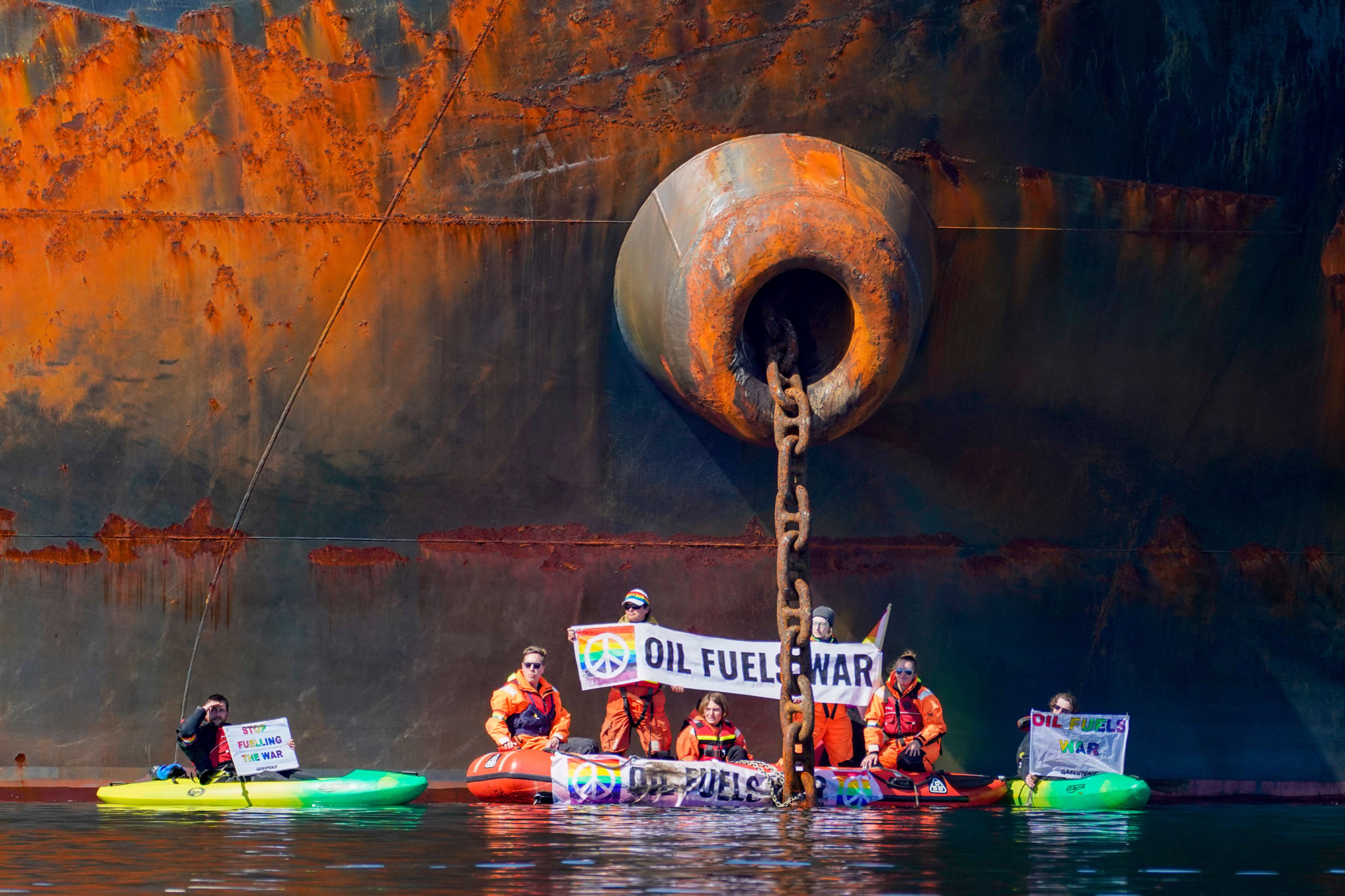 Greenpeace environmental activists are taking action against the Ust Luga, which is reported to be unloading Russian oil at the port of Aasgaardstrand, Norway, on April 25.