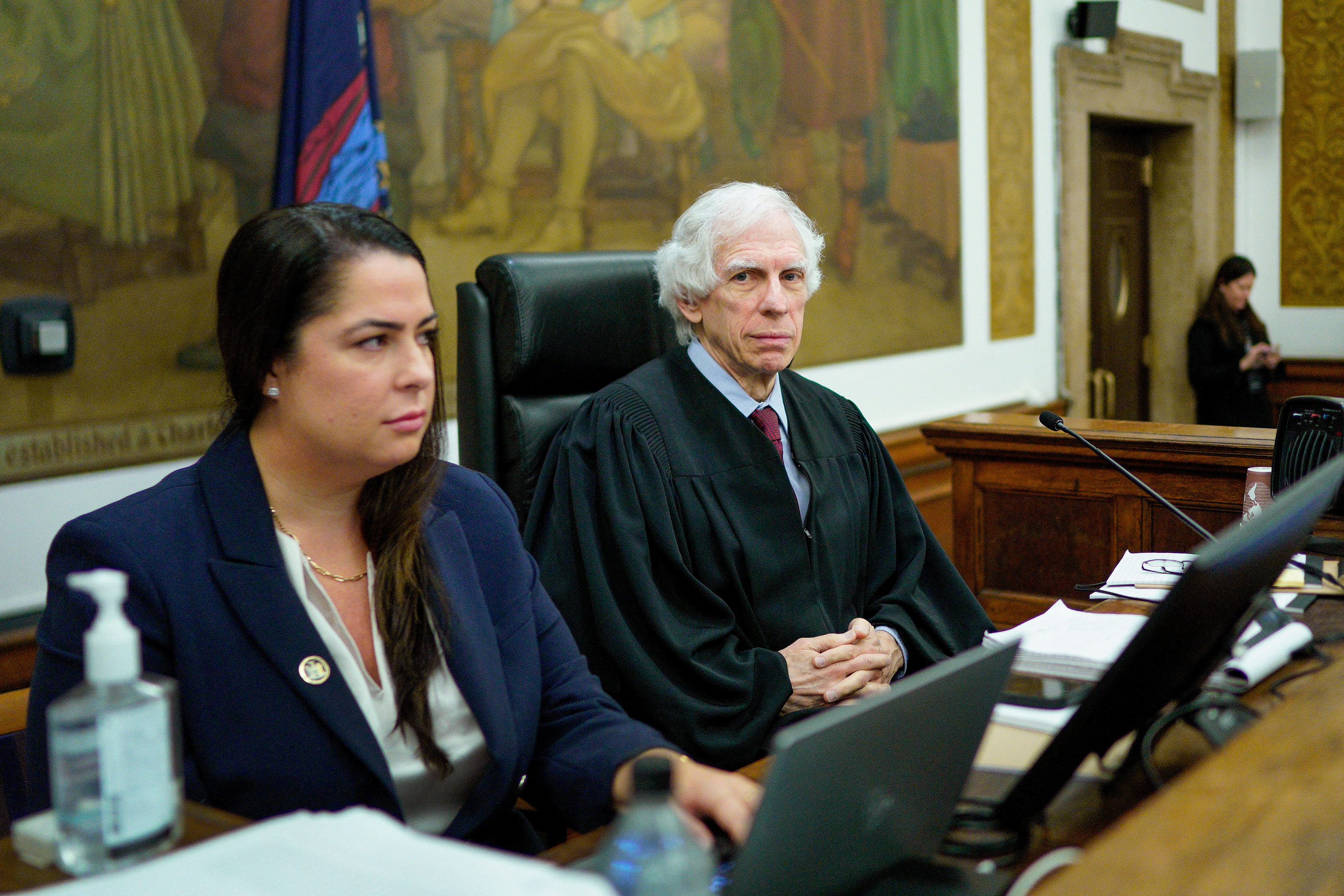 Judge Arthur Engoron, right, sits on the bench with principal law clerk Allison Greenfield before the start of the civil fraud trial against the Trump Organization, at the New York State Supreme Court in New York City on December 7, 2023.