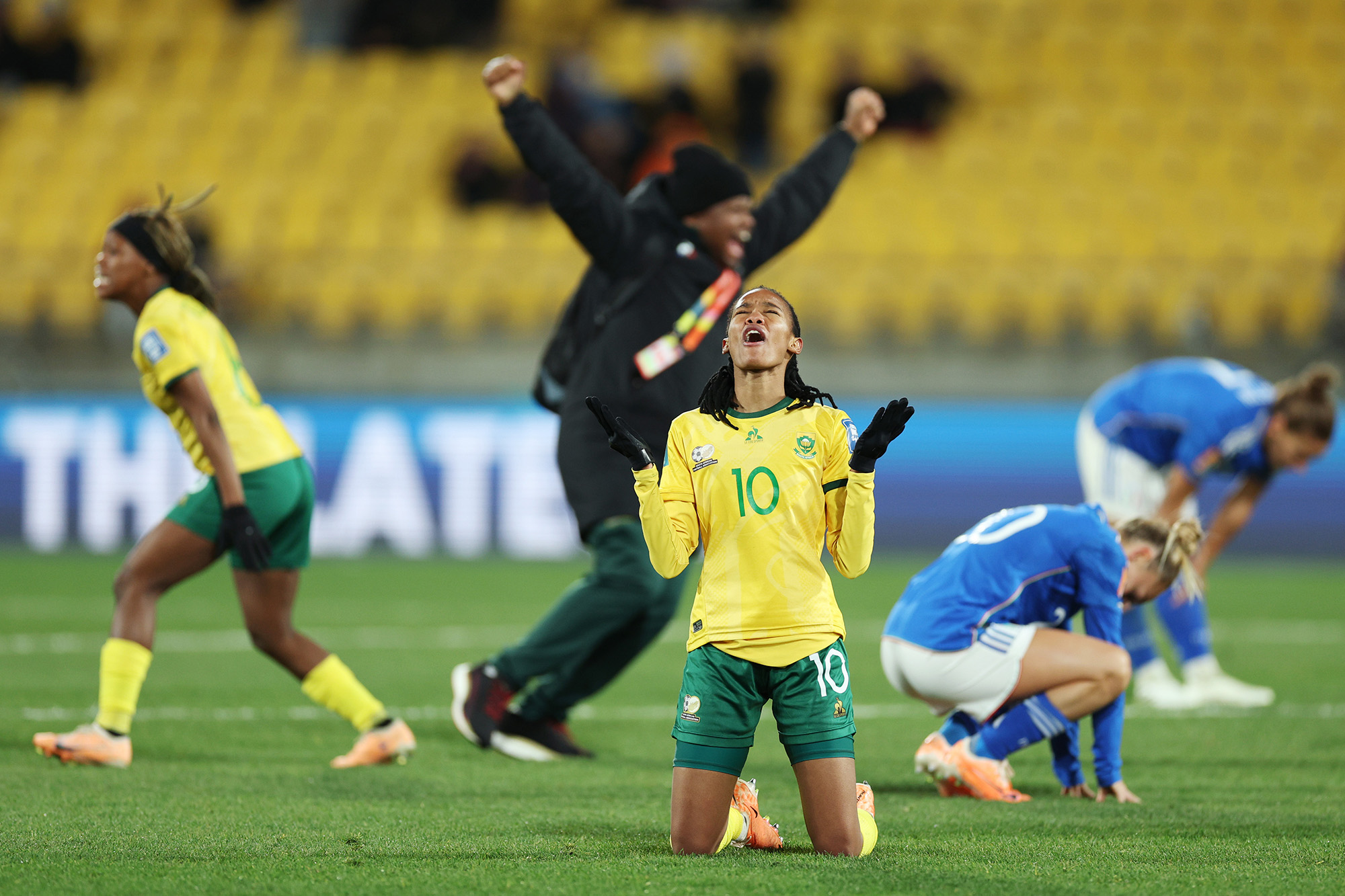 Linda Motlhalo, center, of South Africa celebrates winning and advancing to the knockouts in the FIFA Women's World Cup Australia & New Zealand 2023 Group G match between South Africa and Italy at Wellington Regional Stadium on August 2, in Wellington, New Zealand. 
