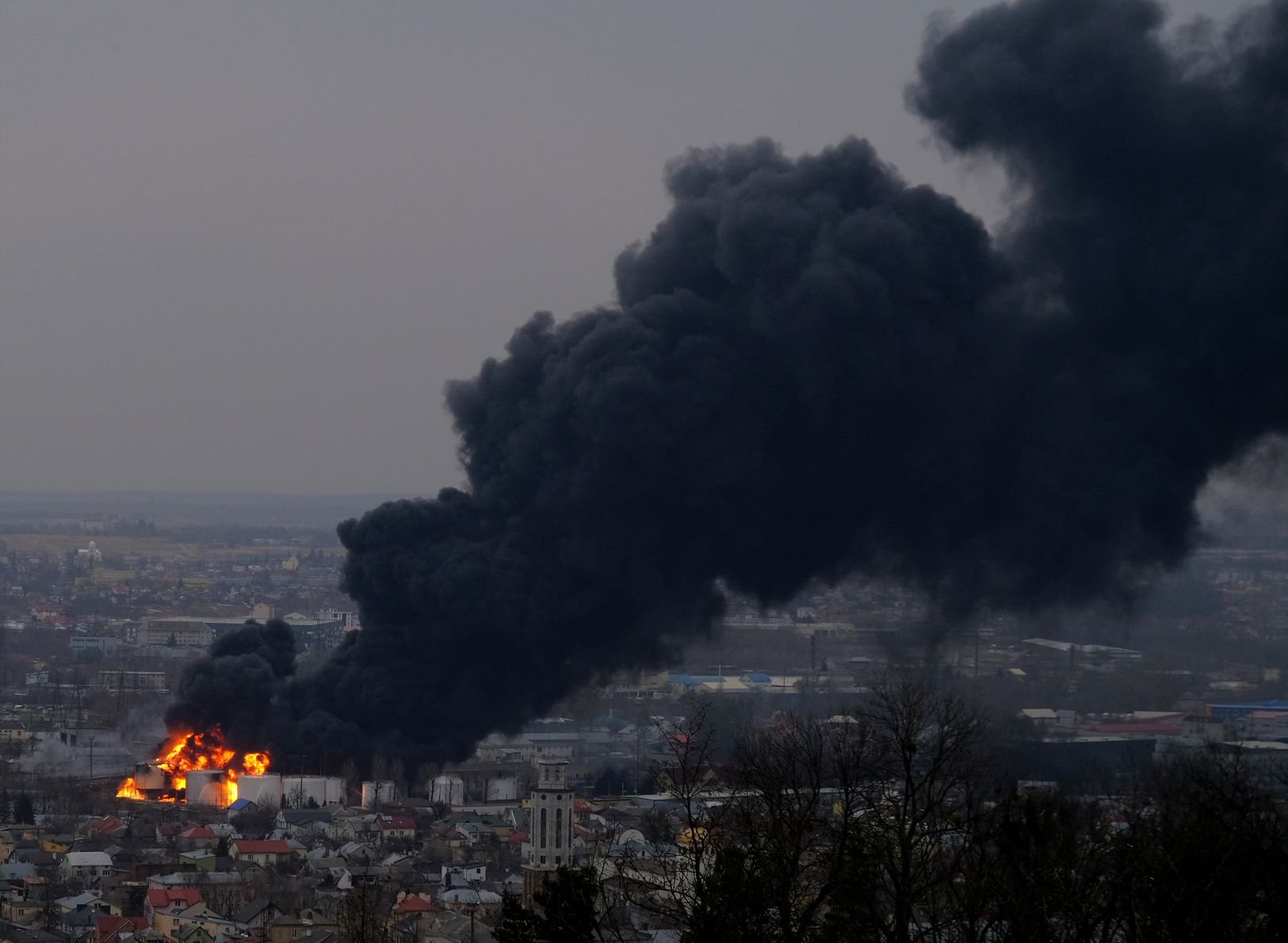 Fire and smoke rise following an explosion in Lviv, Ukraine, on Saturday, March 26. 