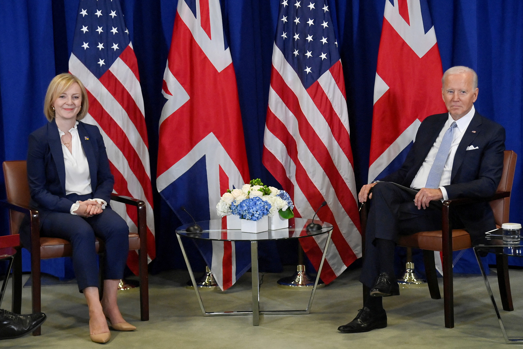 British Prime Minister Liz Truss meets with U.S. President Joe Biden during a bilateral meeting at the United Nations General Assembly Hall on September 21, in New York City.