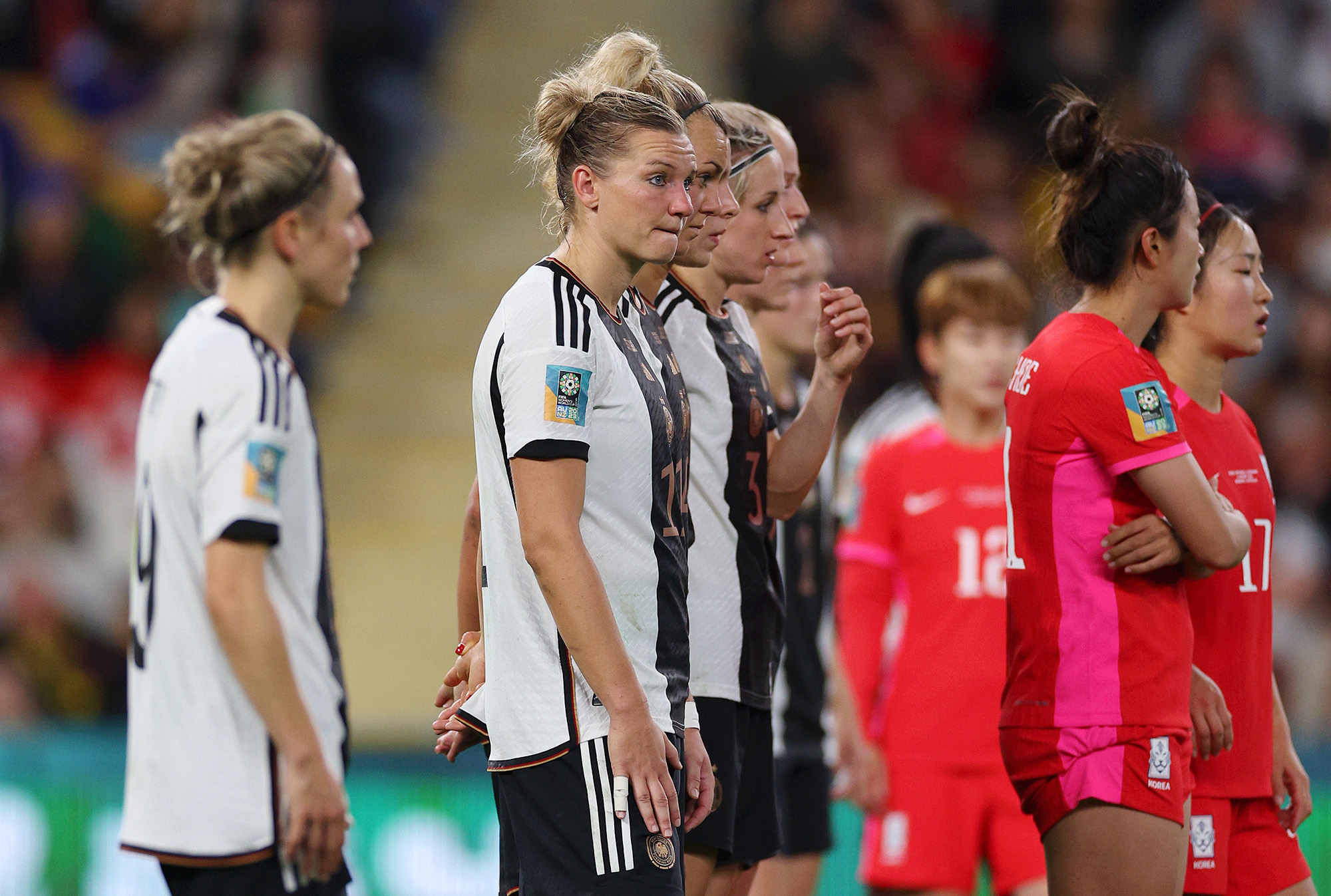 Alexandra Popp, center, of Germany reacts during the FIFA Women's World Cup Australia & New Zealand 2023 Group H match between South Korea and Germany at Brisbane Stadium on August 3, in Brisbane, Australia. 