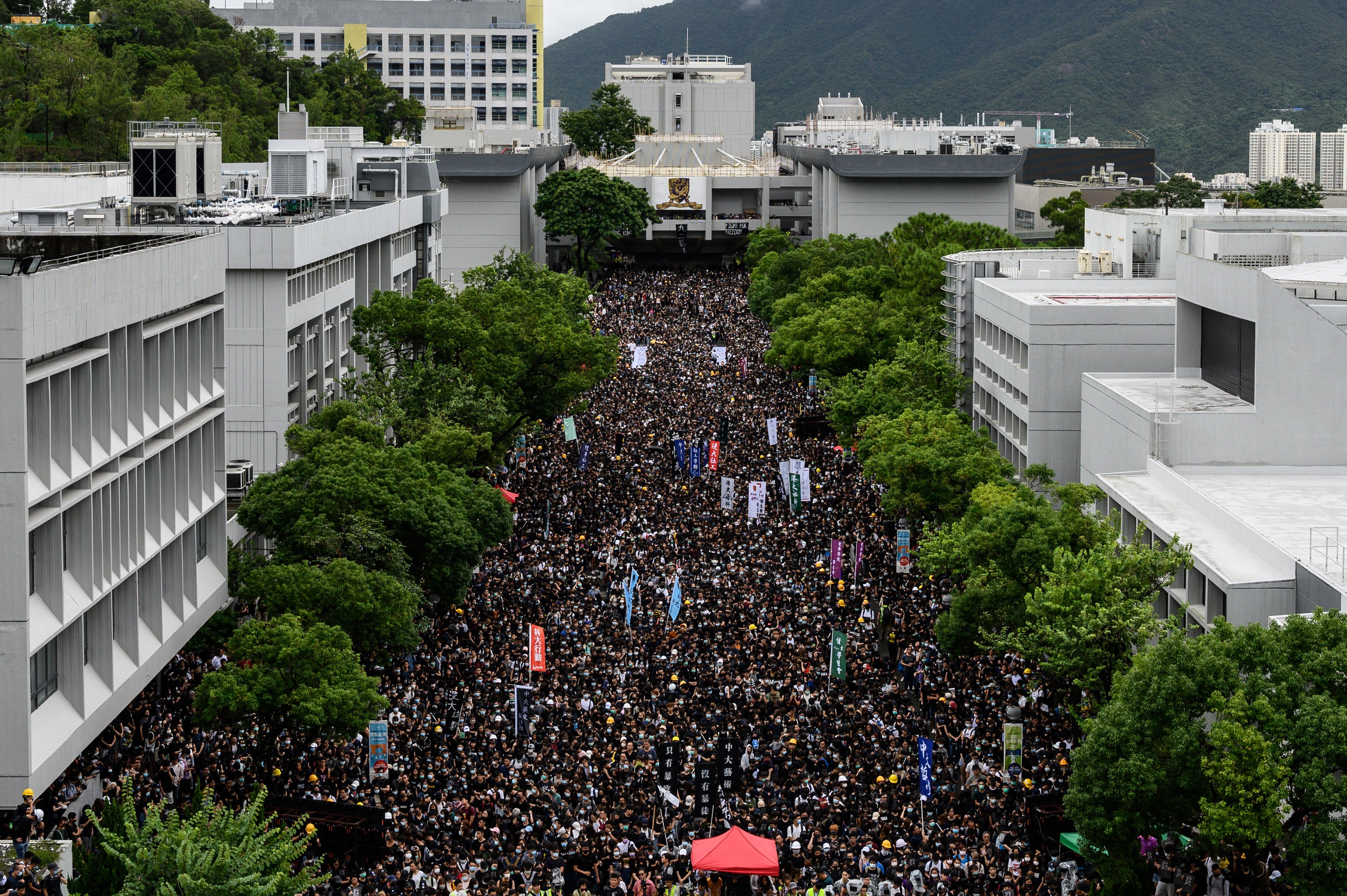 Students attend a school boycott rally at the Chinese University of Hong Kong on September 2, 2019.