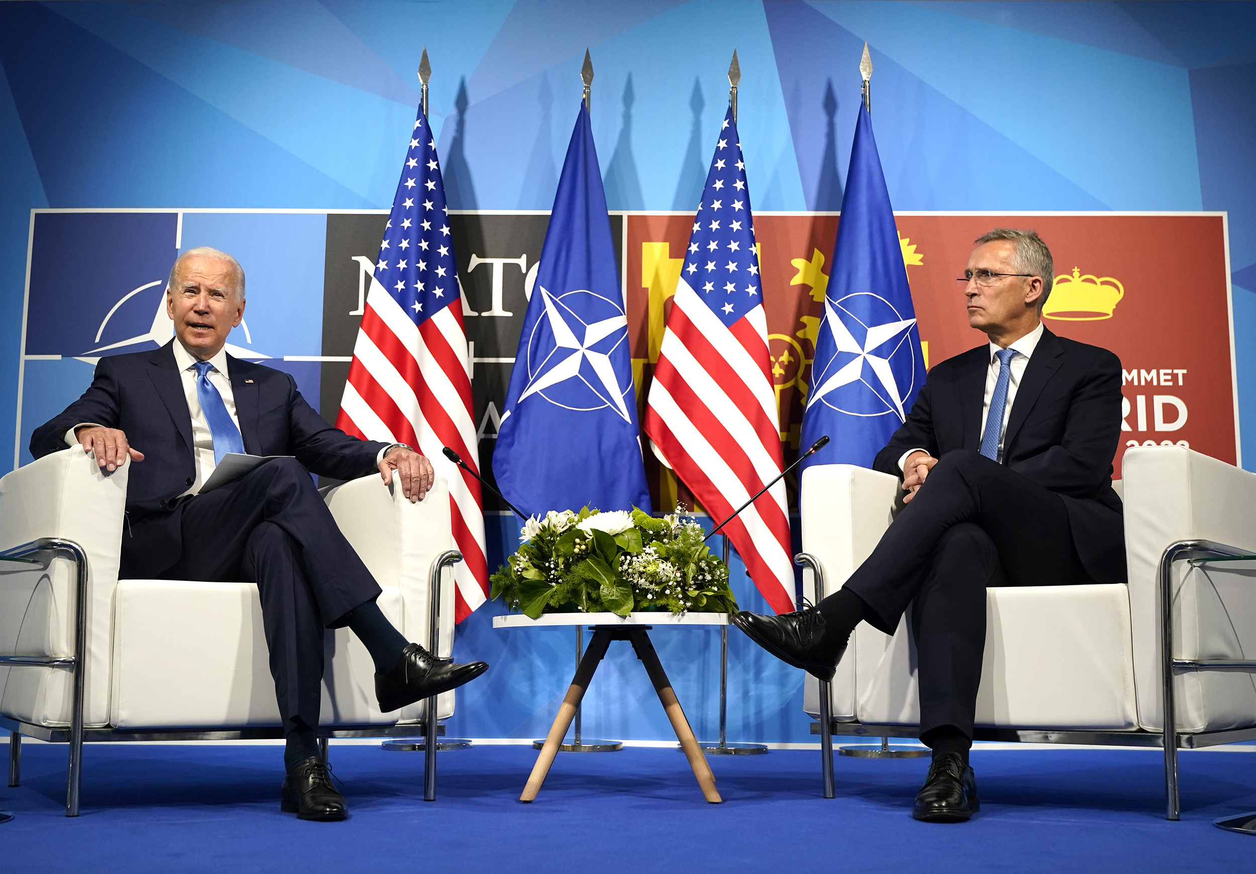 US President Joe Biden, left, pictured with NATO Secretary General Jens Stoltenberg during a meeting at the NATO summit in Madrid, Spain on June 29.