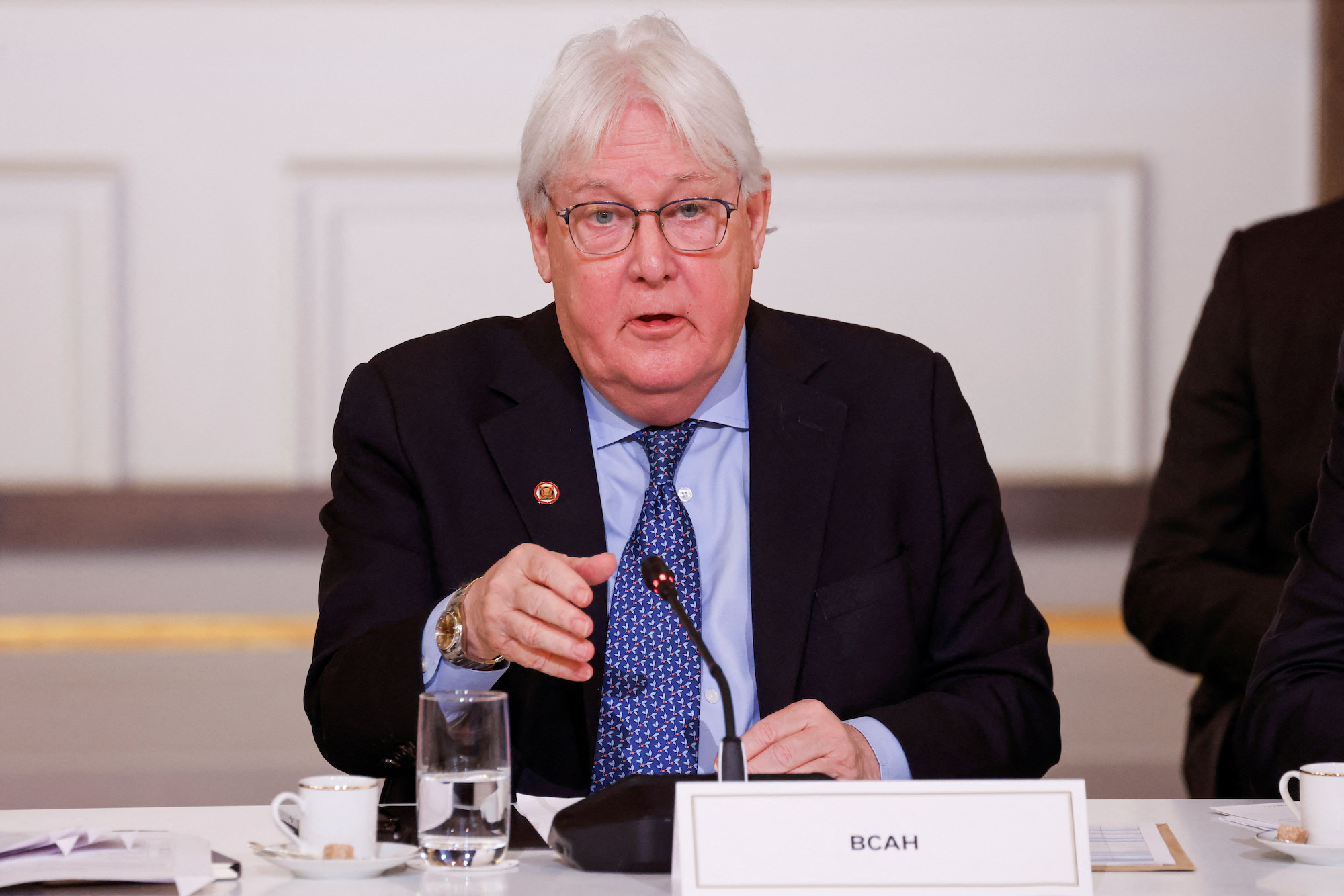 United Nations Under-Secretary-General for Humanitarian Affairs and Emergency Relief Coordinator, Martin Griffiths, speaks during in Paris on November 9.