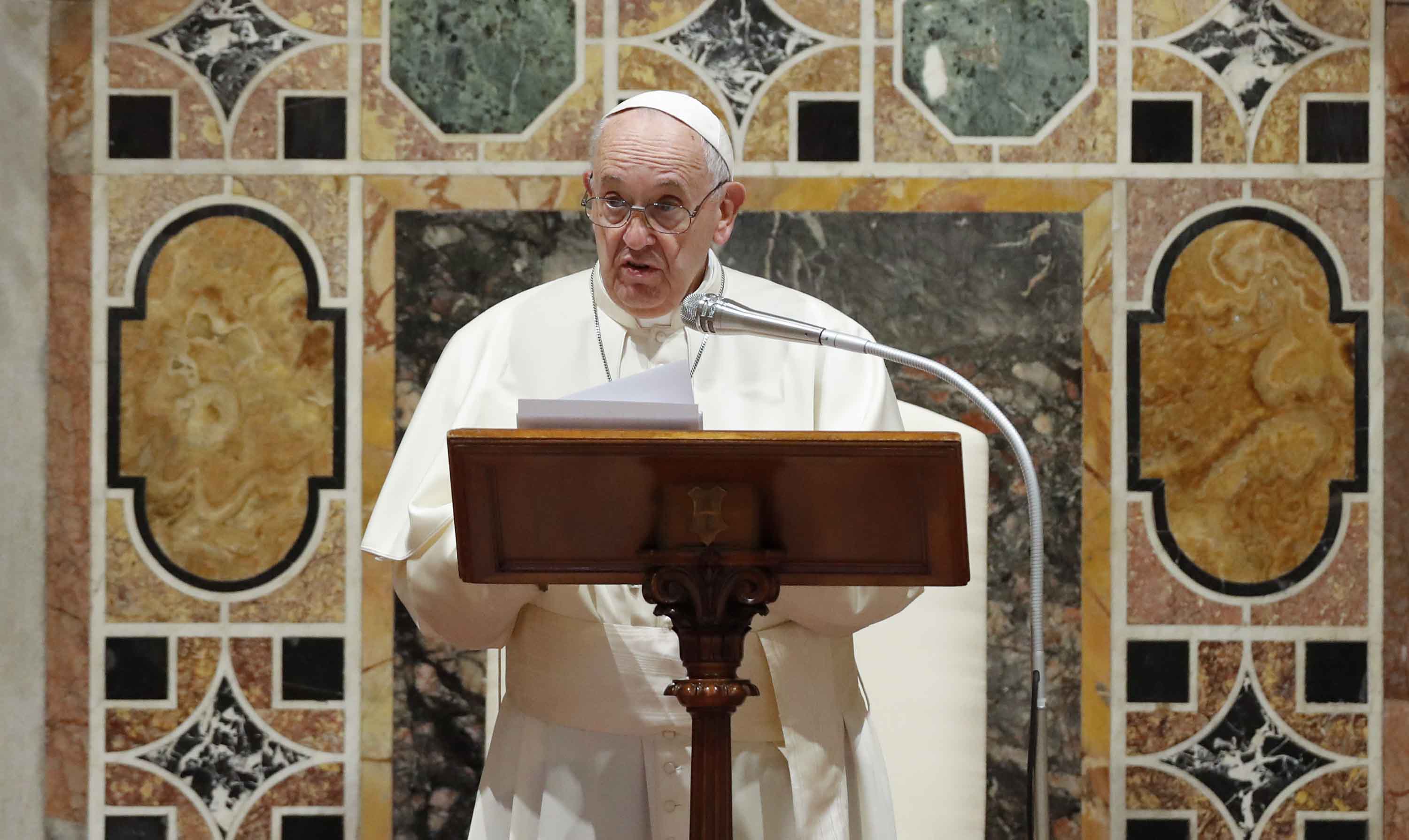 Pope Francis addresses diplomats at the Vatican on Thursday.