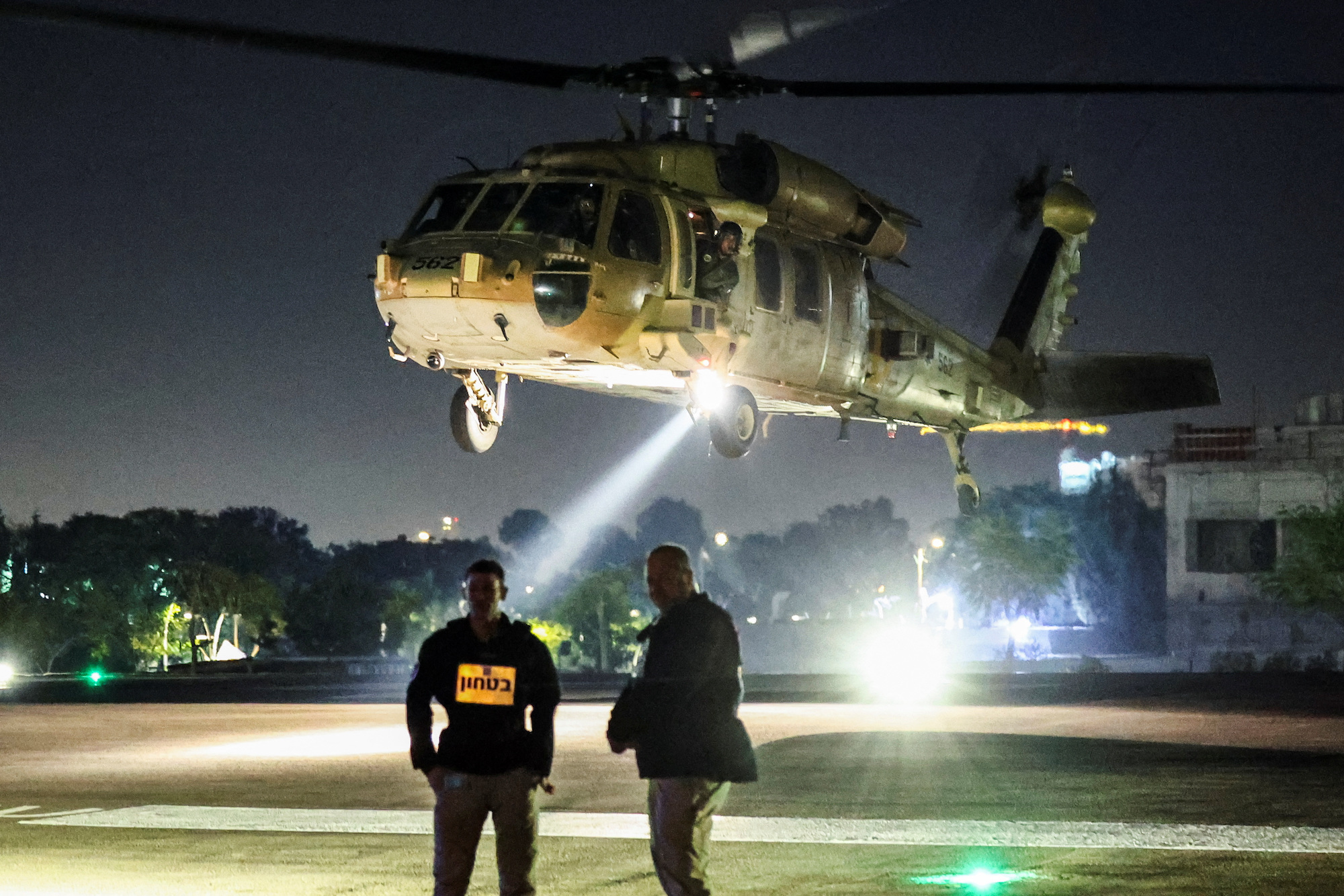 A helicopter carrying released Israeli hostages arrives at Sheba Medical Center in Ramat Gan on Friday.