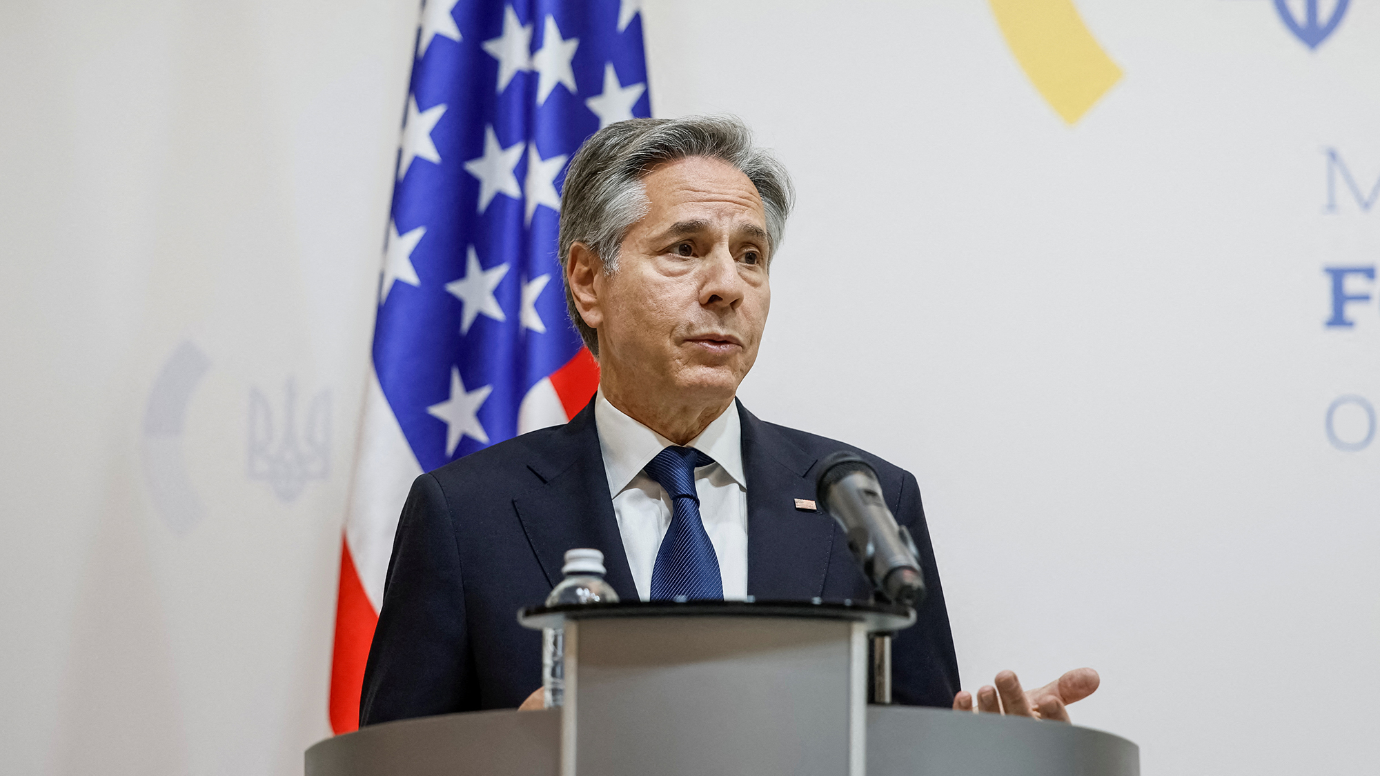U.S. Secretary of State Antony Blinken speaks during a joint press conference with Ukrainian Foreign Minister Dmytro Kuleba in Kyiv, Ukraine, on May 15.