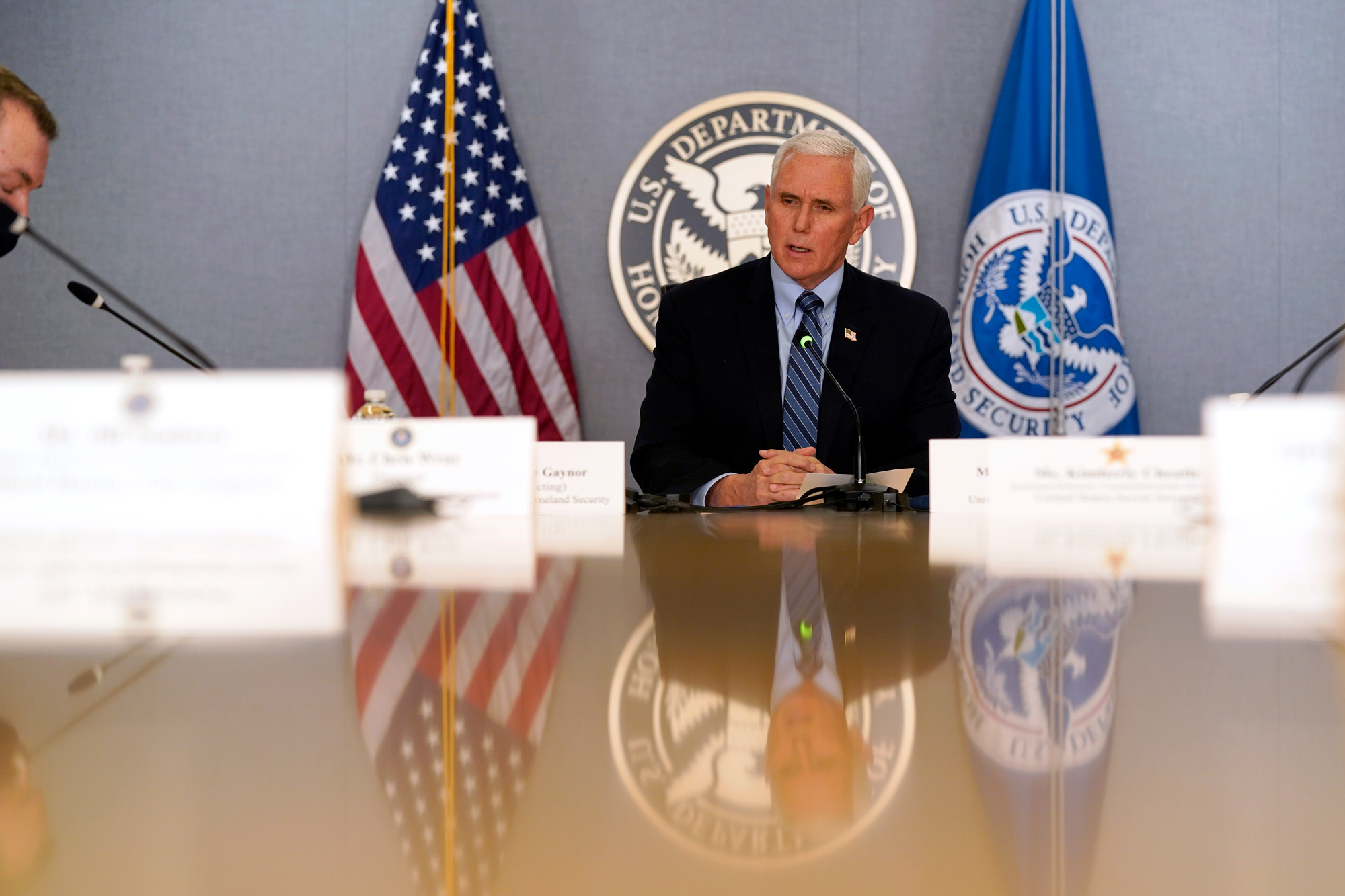 Vice President Mike Pence speaks during a briefing about the upcoming presidential inauguration of President-elect Joe Biden and Vice President-elect Kamala Harris at FEMA headquarters on January 14 in Washington, DC.