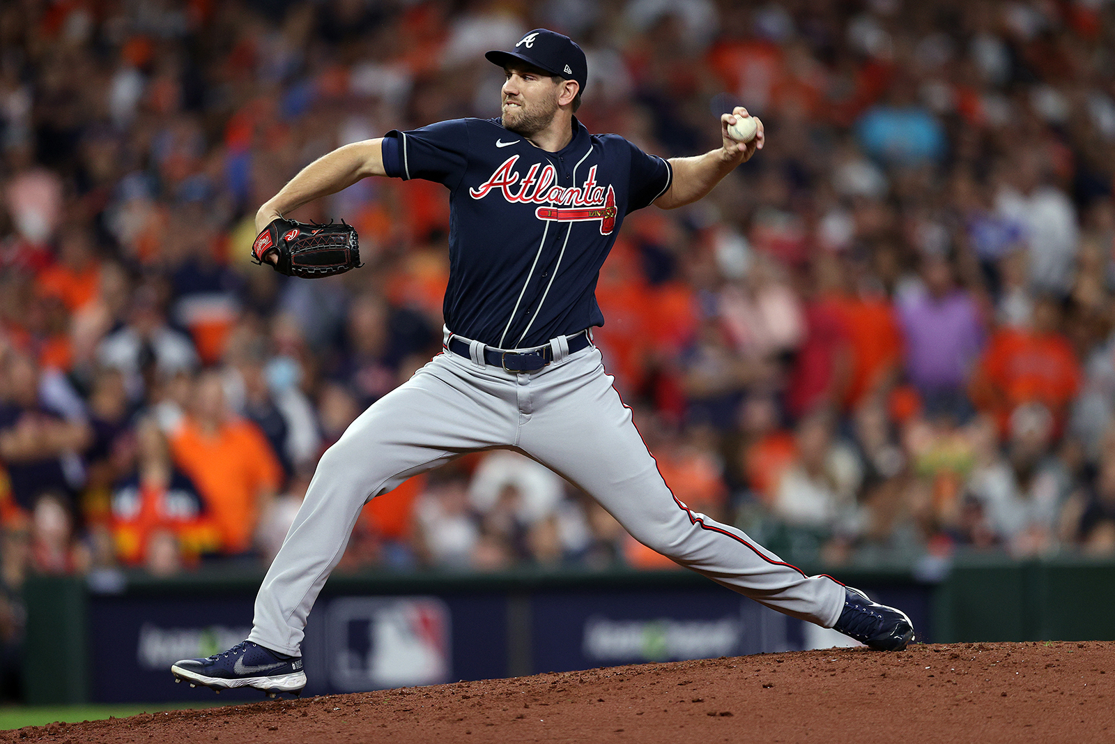 Dylan Lee of the Atlanta Braves delivers the pitch against the Houston Astros during the sixth inning.