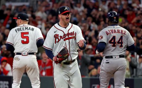 Atlanta, United States. 31st Oct, 2021. Atlanta Braves center fielder Adam  Duvall (14) celebrates with teammates Eddie Rosario (C) and Ozzie Albies  after hitting a grand slam homer against the Houston Astros