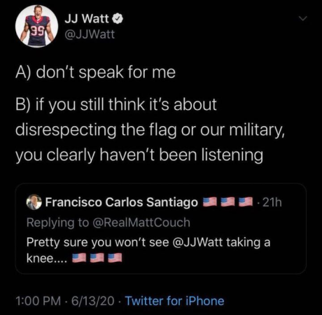 Don't speak for me:” J.J. Watt responds to Twitter user about taking a knee