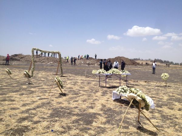 A memorial for the victims of Ethiopian Airlines Flight 302 at the crash site on Wednesday.