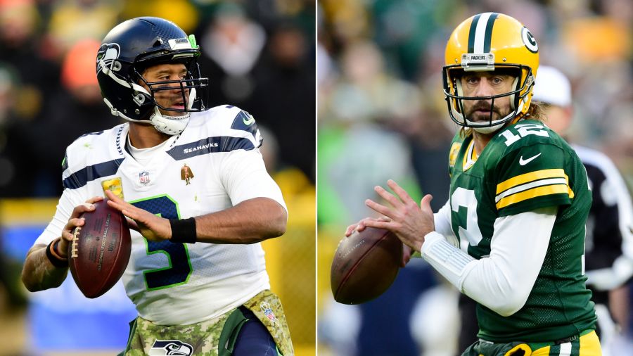 November 14, 2021: Green Bay Packers quarterback Aaron Rodgers (12) directs  the offense during the NFL football game between the Seattle Seahawks and  the Green Bay Packers at Lambeau Field in Green